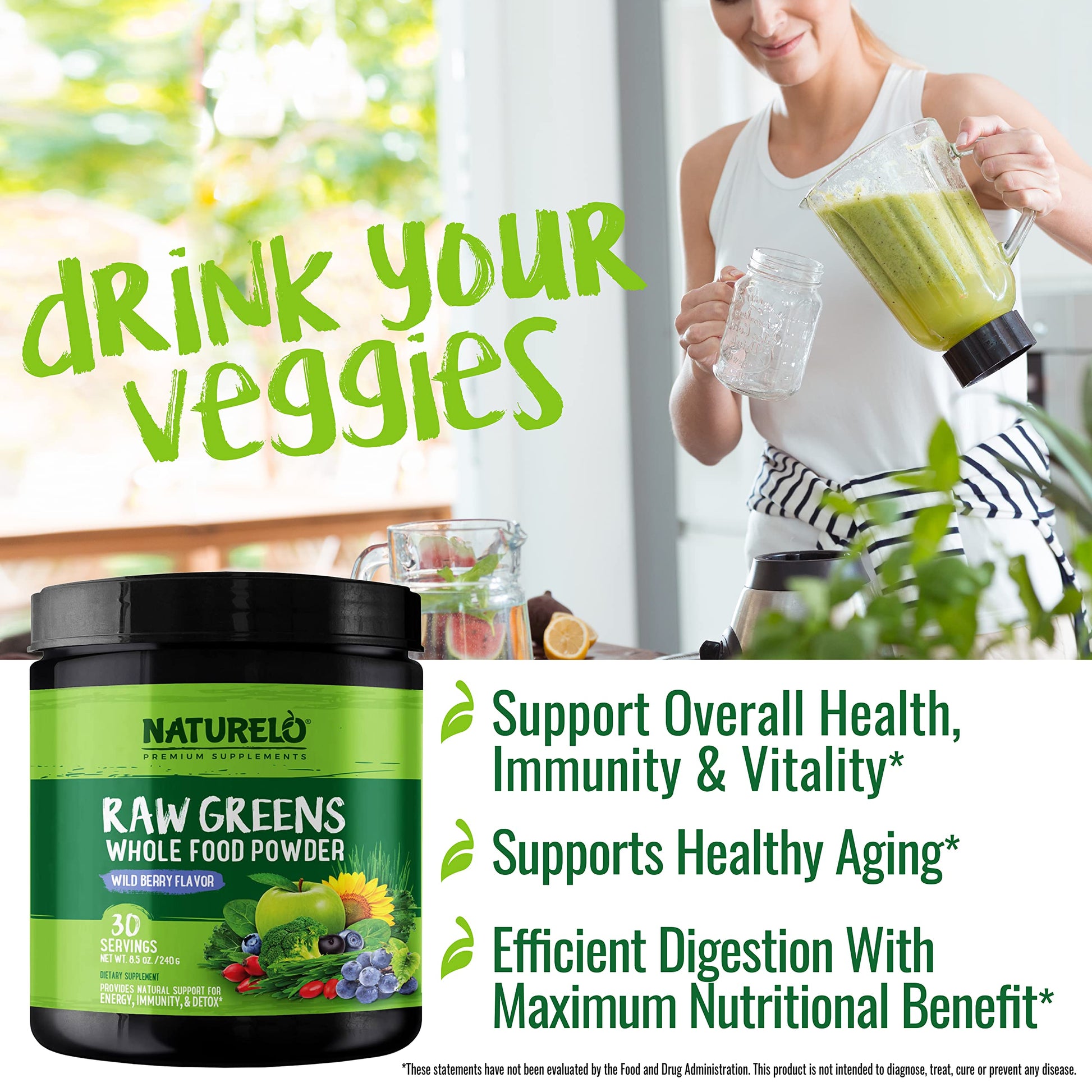 NATURELO Raw Greens Superfood Powder - Wild Berry Flavor - Boost Ener NATURELOAu supplements
