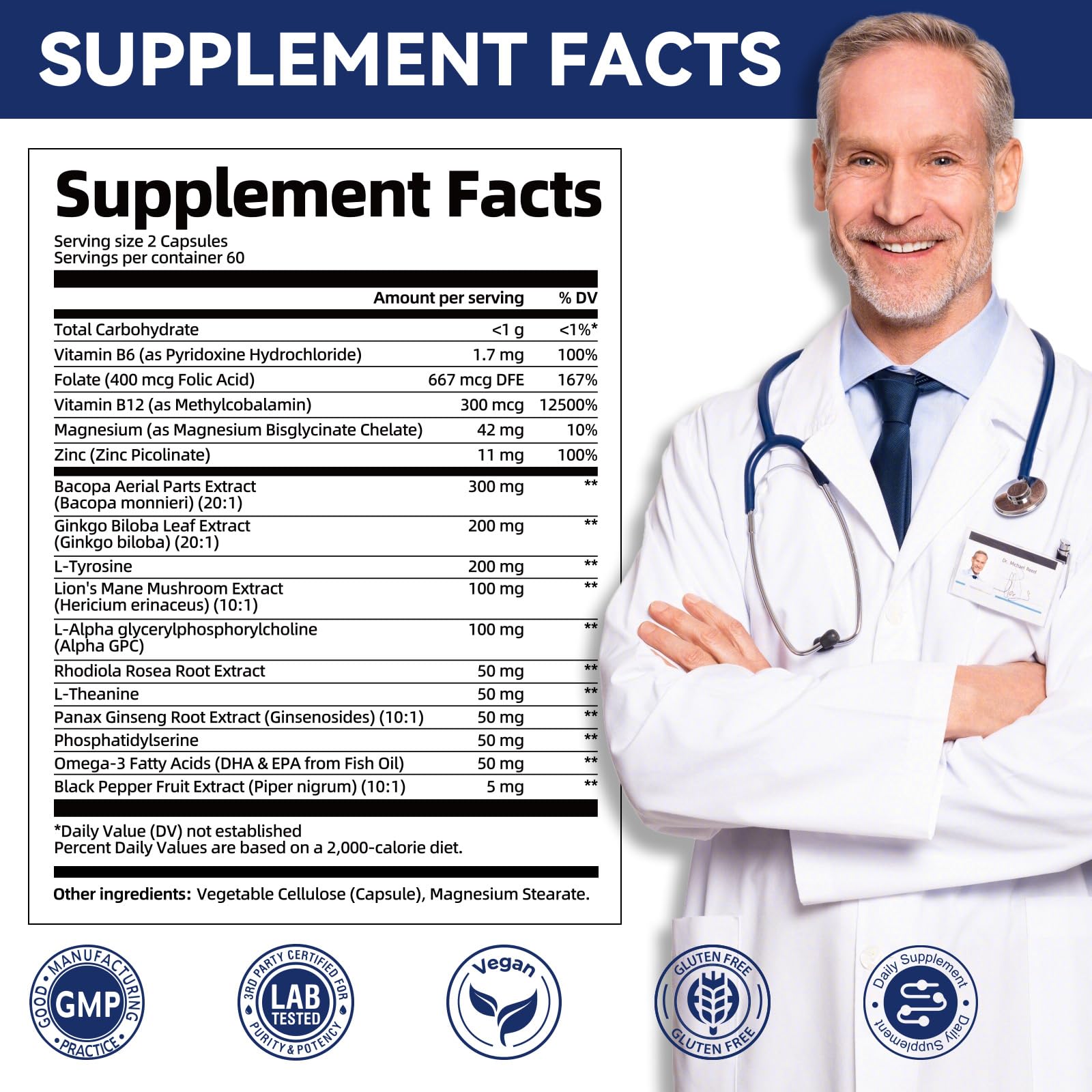 Brain Supplements for Memory & Focus - Nootropic with Bacopa Monnieri, Lion's Mane, Alpha GPC, Phosphatidylserine | Supports Mental Clarity & Cognitive Function | Vitamin B6 & B12-120 Capsules MigcopatAu supplements