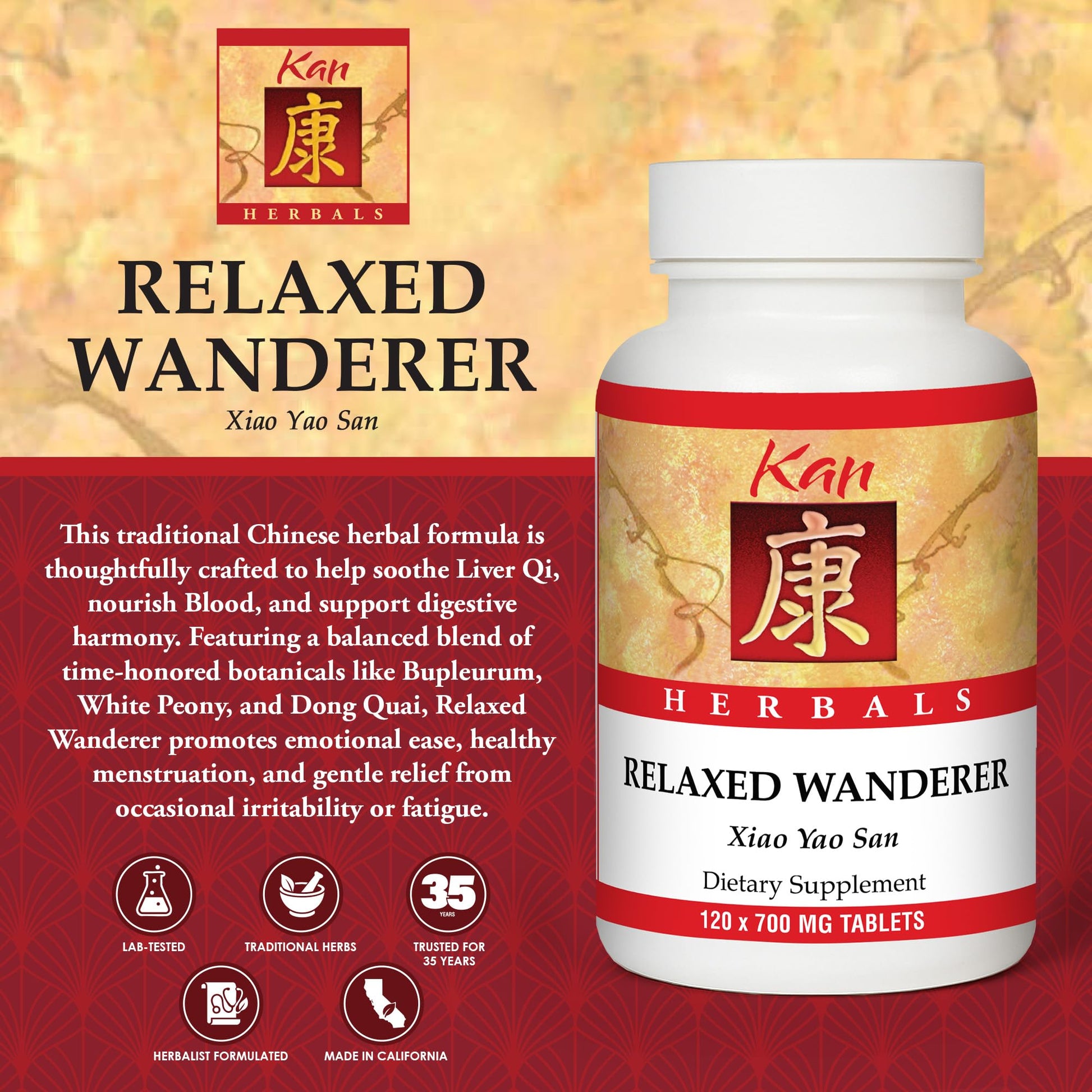Kan Herbs Company Relaxed Wanderer – Traditional Chinese Herbal Formula to Support Mood, Digestion, and Menstrual Balance, Nourishes Blood, Eases Occasional Tension and Fatigue, 120 Tablets Kan HerbAu supplements