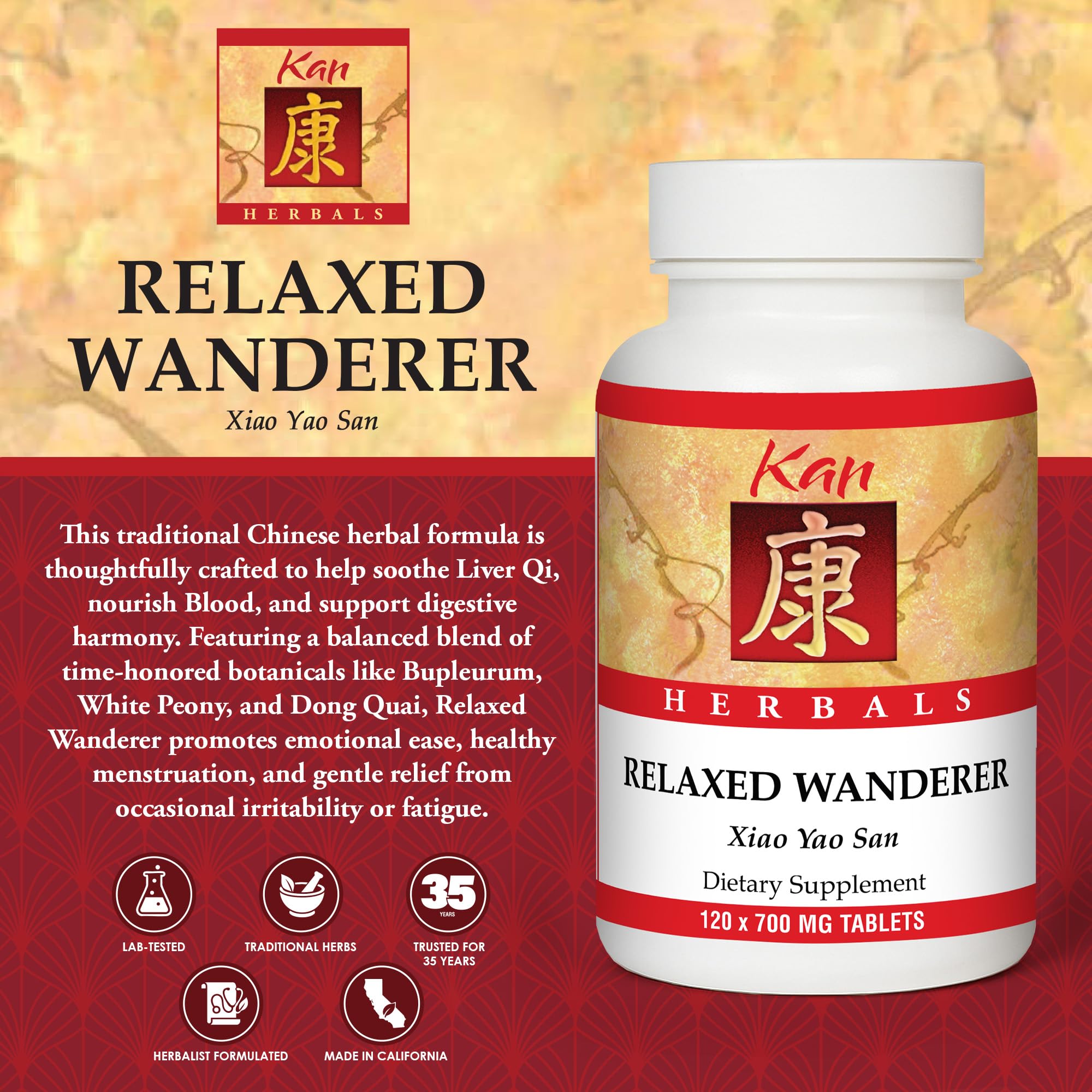 Kan Herbs Company Relaxed Wanderer – Traditional Chinese Herbal Formula to Support Mood, Digestion, and Menstrual Balance, Nourishes Blood, Eases Occasional Tension and Fatigue, 120 Tablets Kan HerbAu supplements