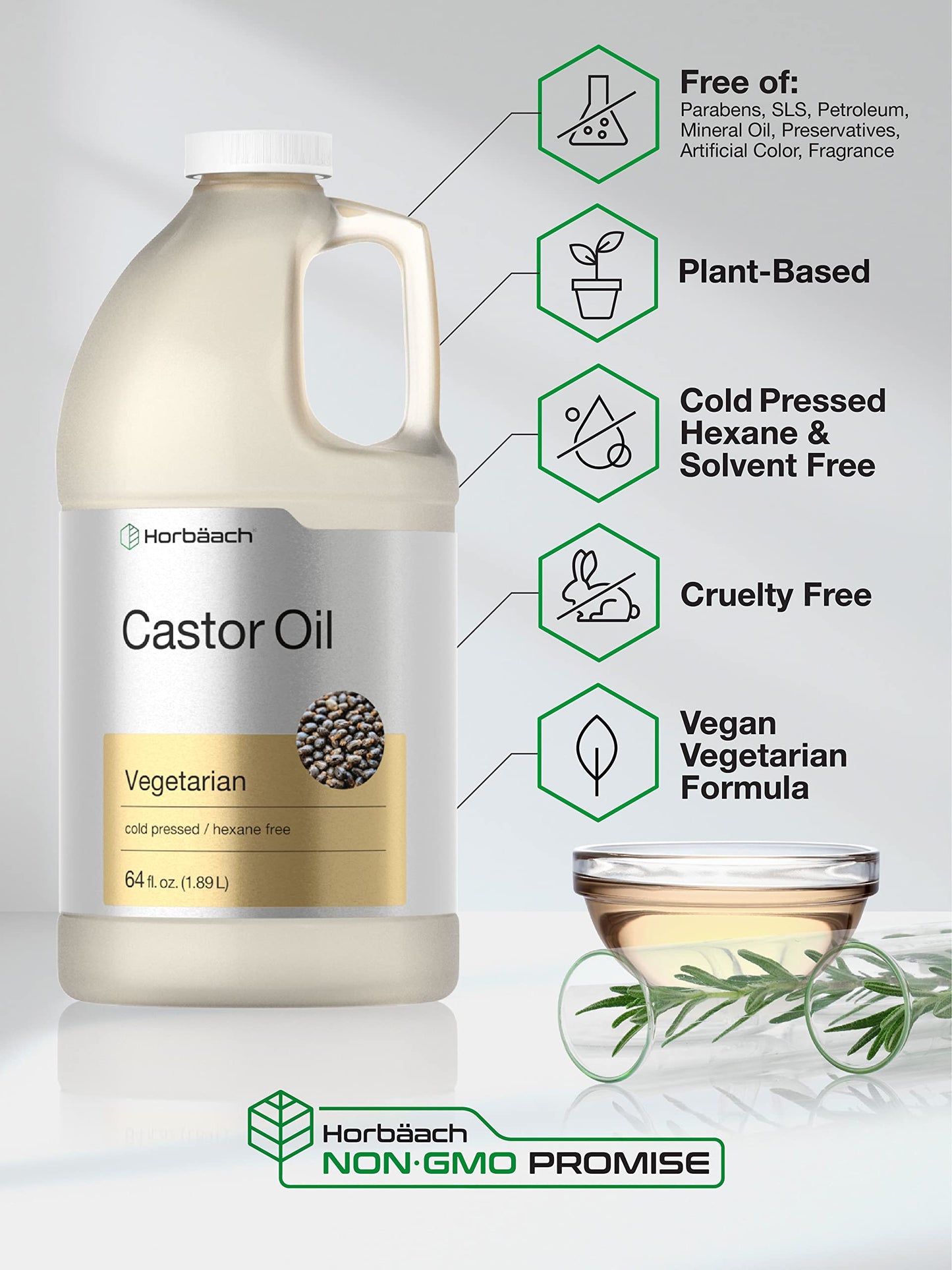 Castor Oil 64oz | for Hair Health, Eyelashes & Eyebrows | Hexane Free & Cold Pressed HorbäachUS supplements