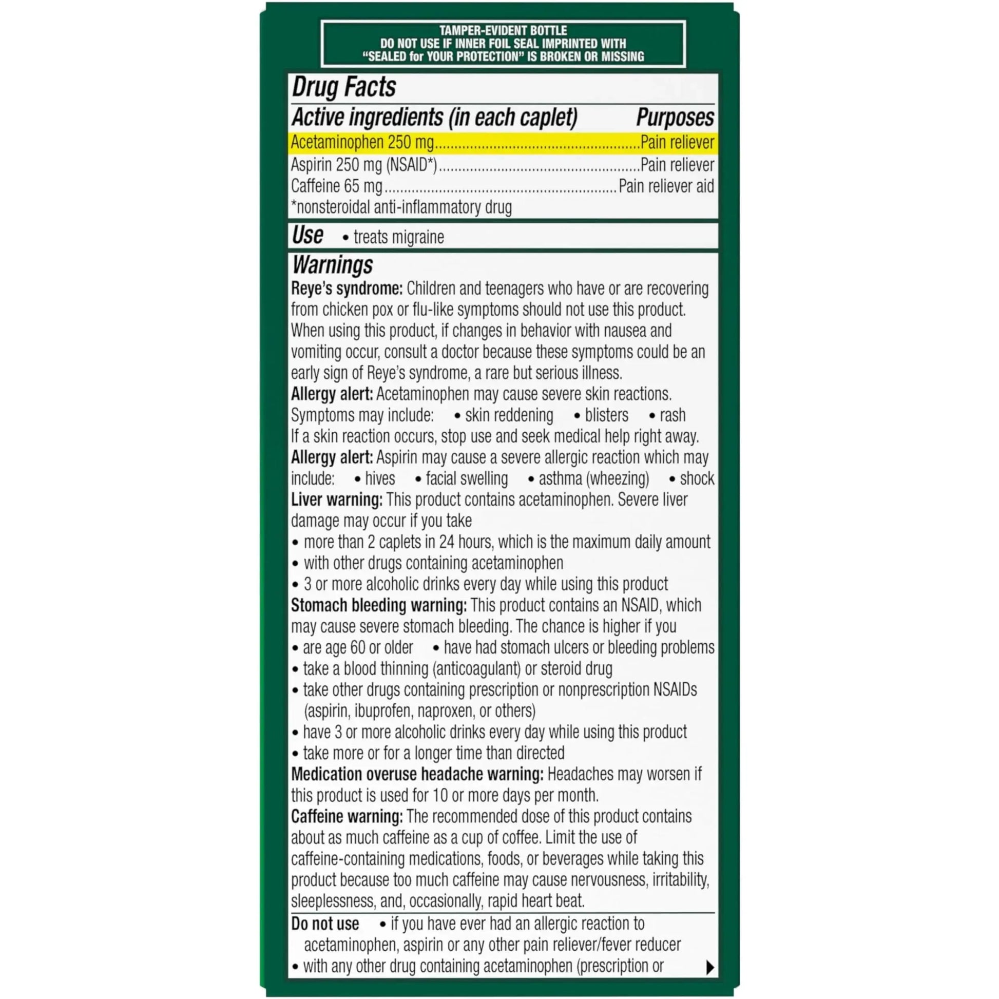 Excedrin Migraine Relief Caplets for Migraine Symptoms, Acetaminophen 250mg, Aspirin 250mg, Caffeine 65mg, Pain Reliever, 100 Count GlaxoSmithKlineAu supplements