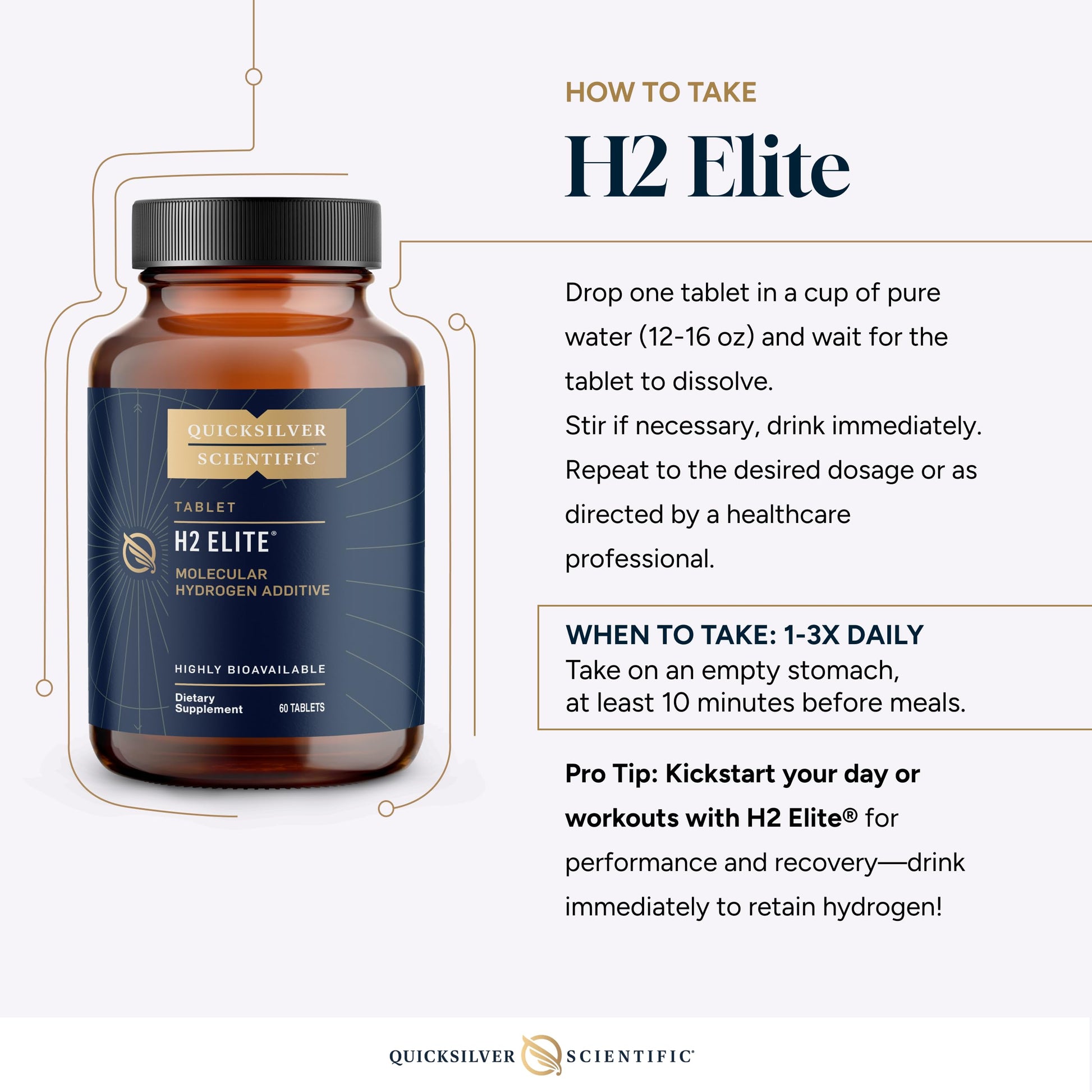 Quicksilver Scientific H2 Elite - Molecular Hydrogen for Energy + Metabolism Support, Water Tablets Perfect for Open Containers - Magnesium Malate Drink Additive (60 Molecular Hydrogen Tablets) Quicksilver ScientificUS supplements
