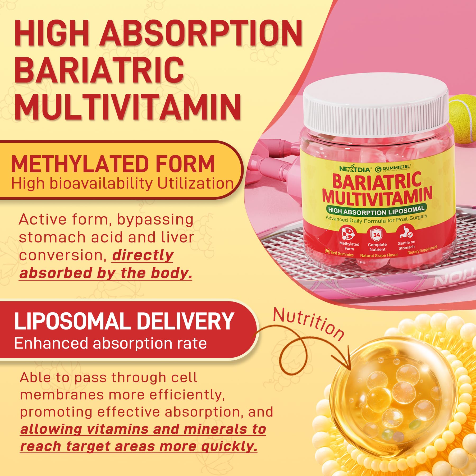 Liposomal Methylated Bariatric Multivitamin Gummies with Iron for Women & Men, High Absorption Multivitamin w/CoQ 10, Probiotic, Digestive Enzymes Support Gastric Bypass & Sleeve Recover, Energy,1Pack NextdiaAu supplements