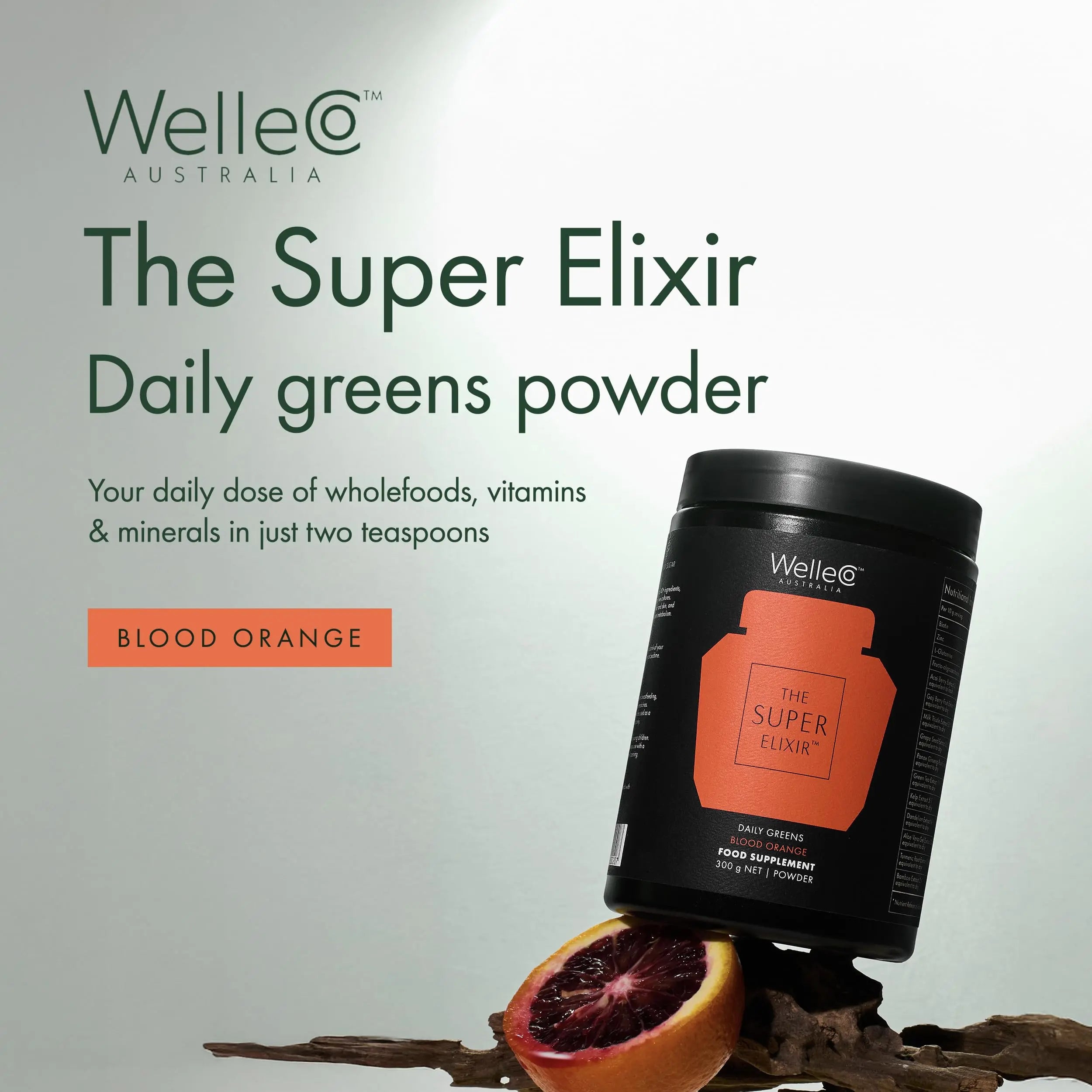 WelleCo The Super Elixir Daily Greens Powder, Probiotic Drink Mix with Whole Foods, Gluten Free, Vegan Gut Health Powder, Energy, Immunity, Healthy Skin, Hair & Nails (Jar, Blood Orange) WelleCoAu supplements