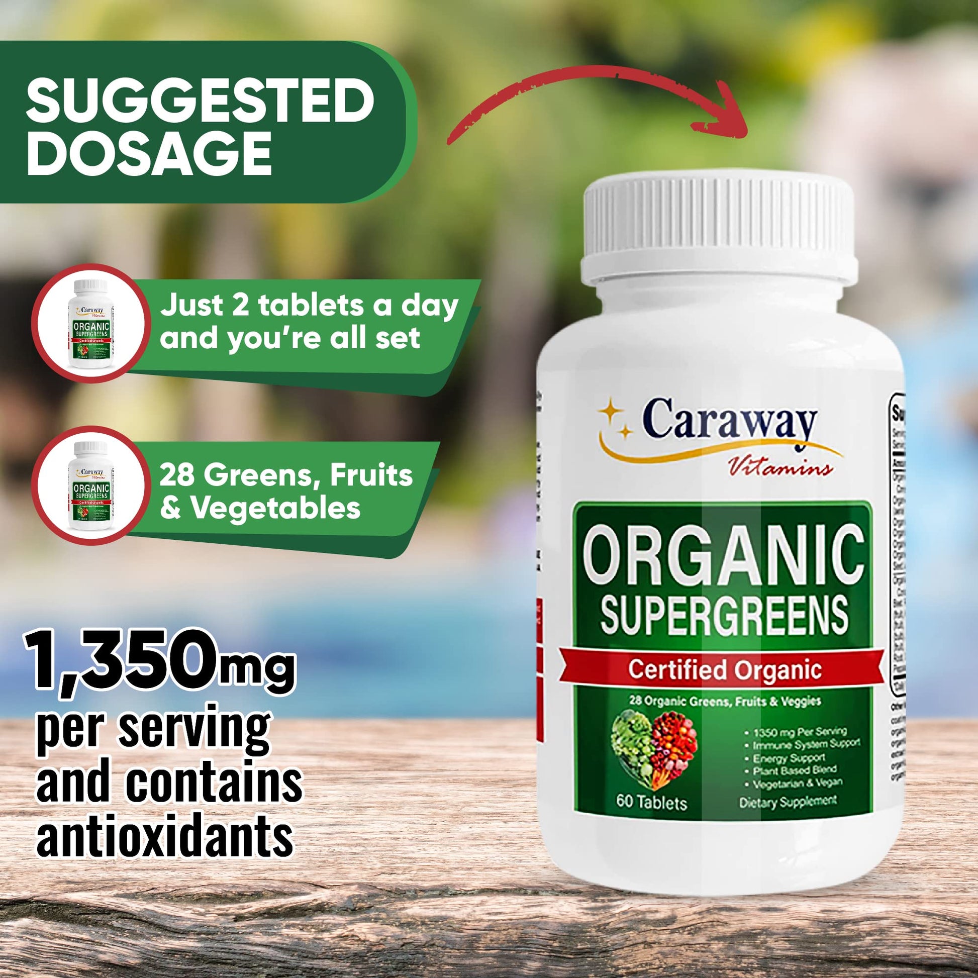 Organic Superfoods Vitamins Super Greens Complex by Caraway Vitamins 1,350 mg per Serving 28 Fruits Vegetables Greens 60 Count Tablets Non-GMO Natural for Men & Women Caraway VitaminsAu supplements