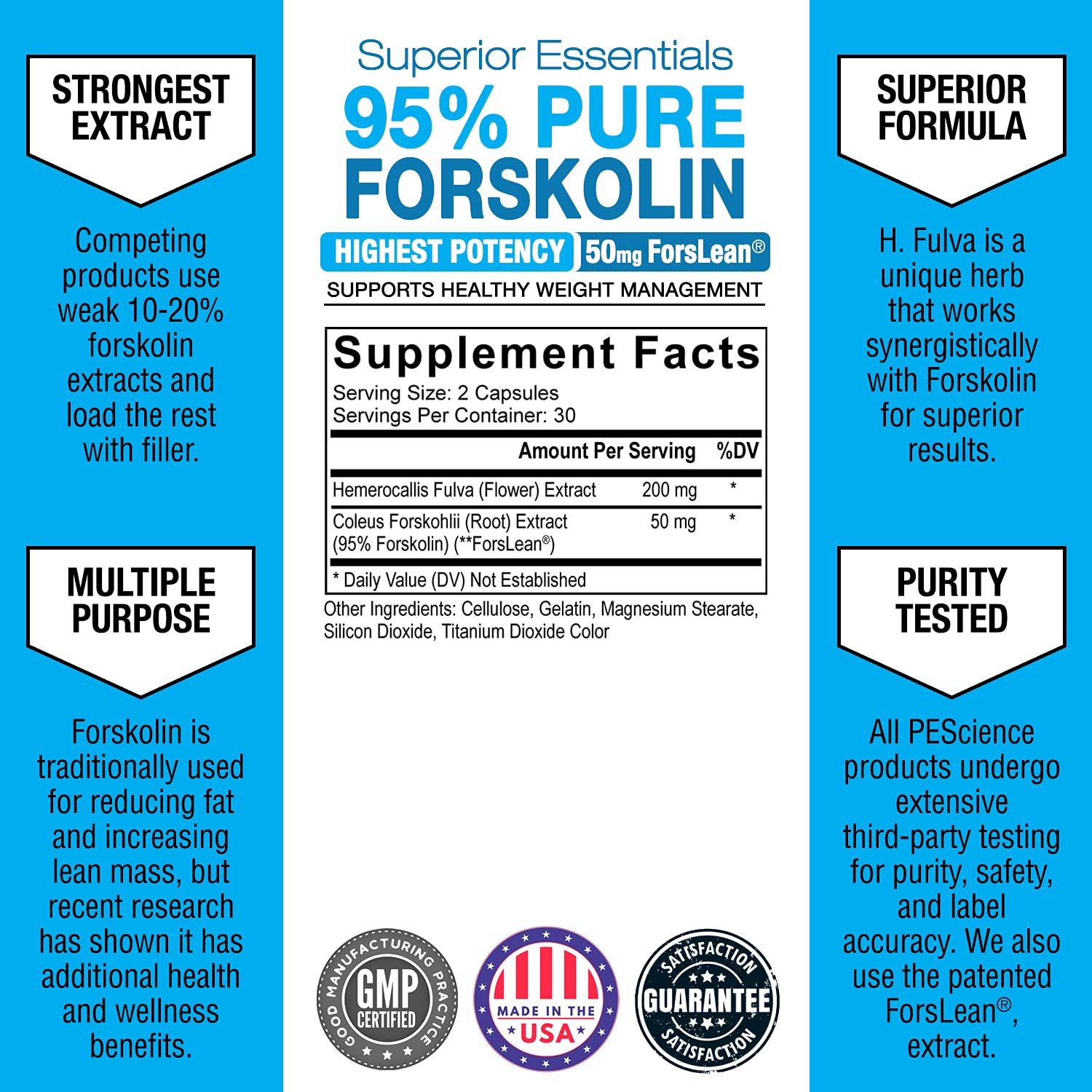 PEScience Forskolin-95+ Capsules, 95% Pure Forskolin from Coleus Forskohlii Extract with Hemerocallis Fulva Extract, Patented ForsLean, 50mg, 60 Count PEScienceAu supplements