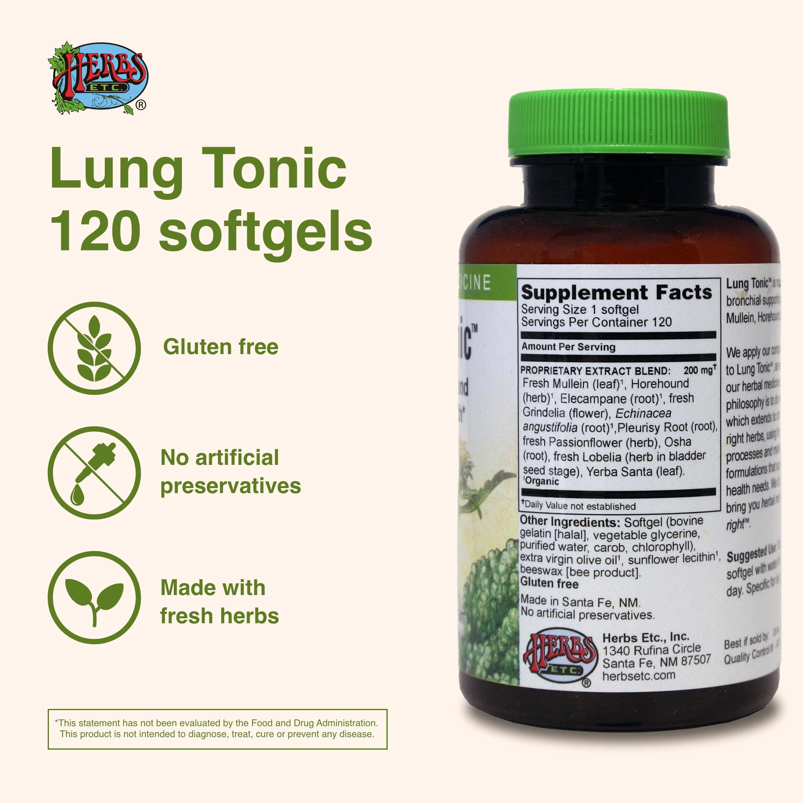 Herbs Etc. Lung Tonic - Lung Supplement for Bronchial Support - Healthy Breathing Support with Mullein, Horehound & Grindelia - 120 Softgels Herbs Etc.Au supplements