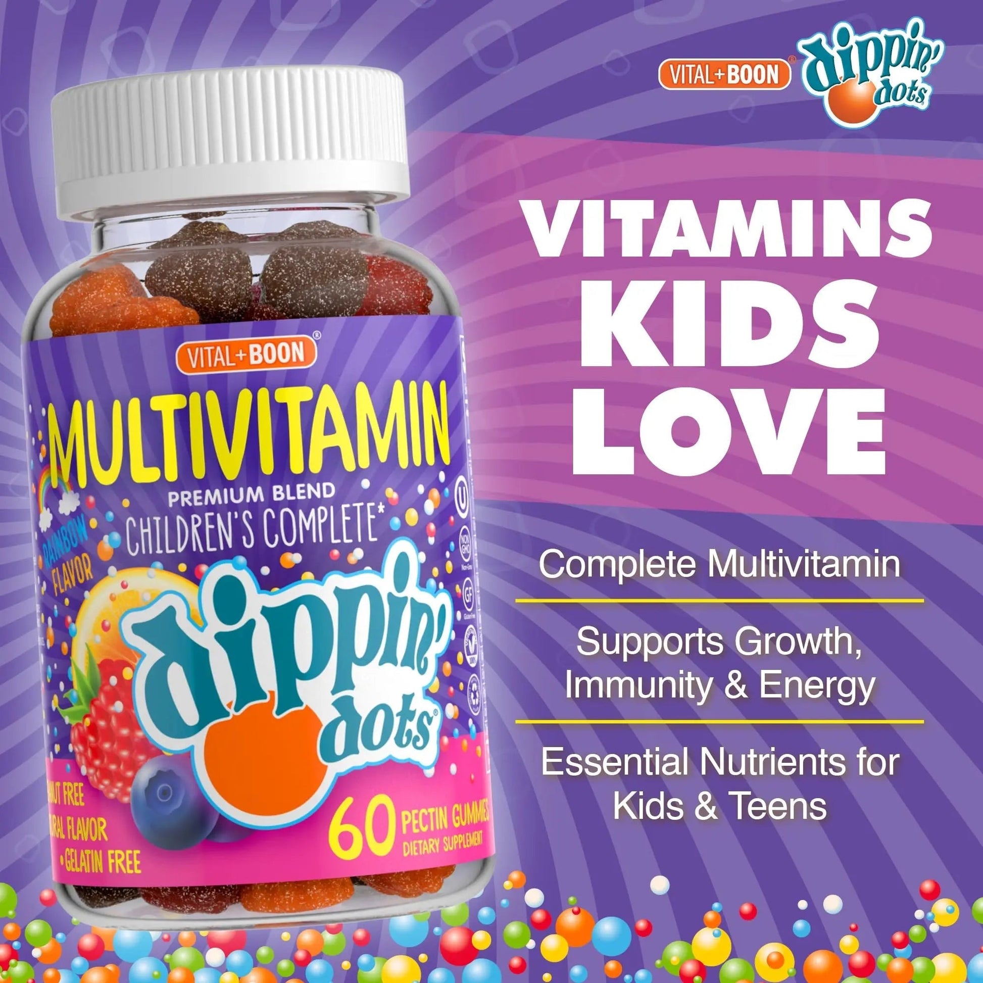 Dippin' Dots - Multivitamin Gummies for Kids Rainbow Fruit Flavor Complete Multivitamin Chewy Gummies Vitamin A, B, C, D3, E, B6, Zinc - 60 Count Vital+BoonAu supplements