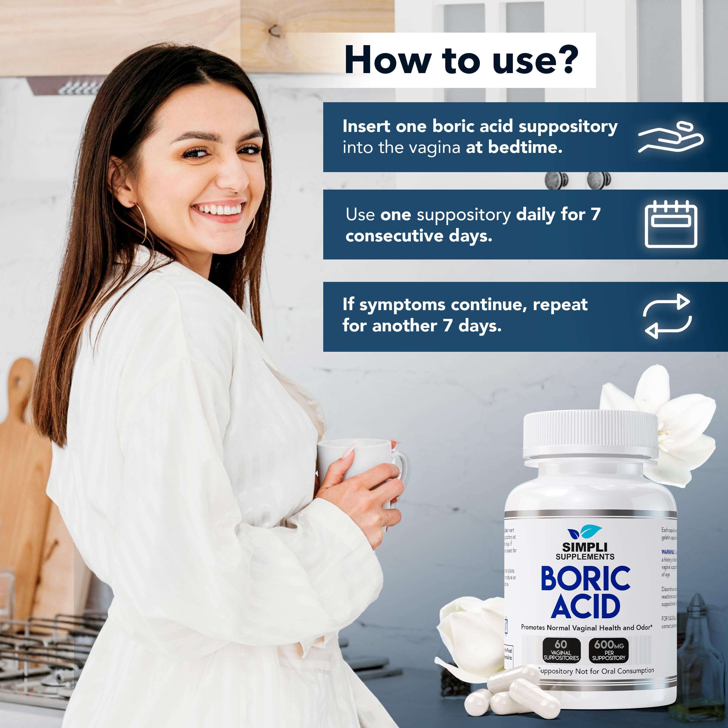 Simpli Supplements Boric Acid Suppositories for Women 600mg – 60 Count | Vaginal pH Balance Support | Feminine Care | Helps Maintain Freshness & Odor Control Simpli SupplementsUS supplements
