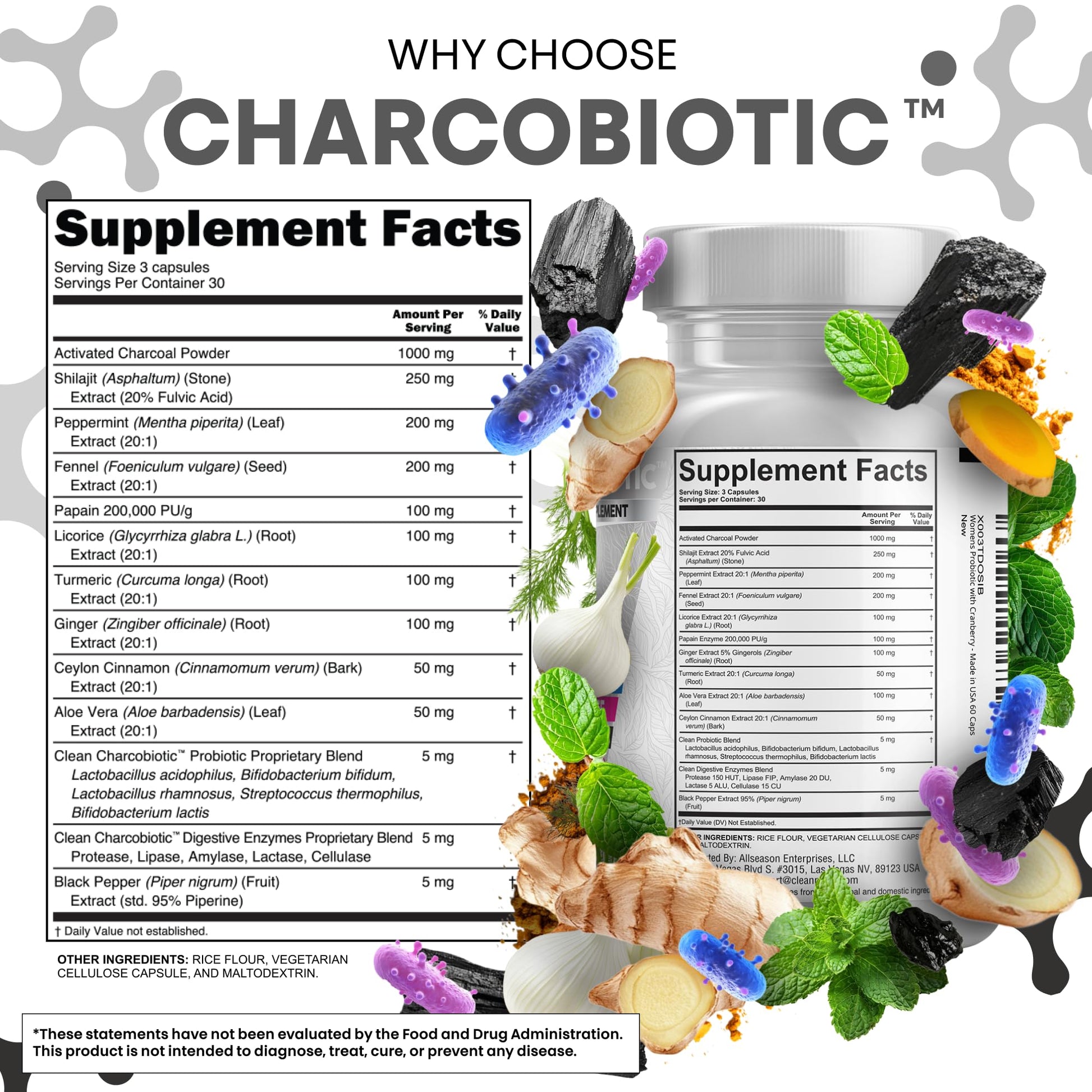Clean Nutra Activated Charcoal Pills + Shilajit Probiotic Digestive Enzymes for Digestive Health Capsules with Peppermint Fennel Licorice Papain Ginger Turmeric Powder | Gut Health Clean NutraceuticalsAu supplements