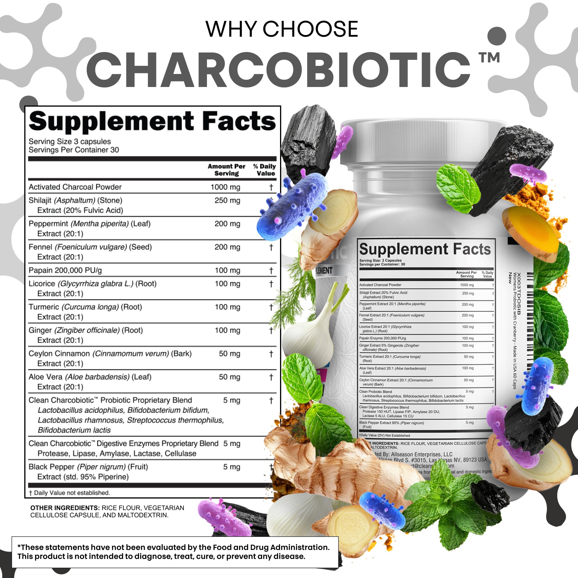 Clean Nutra Activated Charcoal Pills + Shilajit Probiotic Digestive Enzymes for Digestive Health Capsules with Peppermint Fennel Licorice Papain Ginger Turmeric Powder | Gut Health Clean NutraceuticalsAu supplements