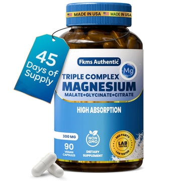 FKMS Authentic Triple Magnesium Complex | 300mg Magnesium Glycinate, Malate & Citrate for Sleep, Stress & Muscle Support | Non-GMO, Vegan, Gentle on Stomach | High Absorption | 90 Capsules FKMS AUTHENTICAu supplements