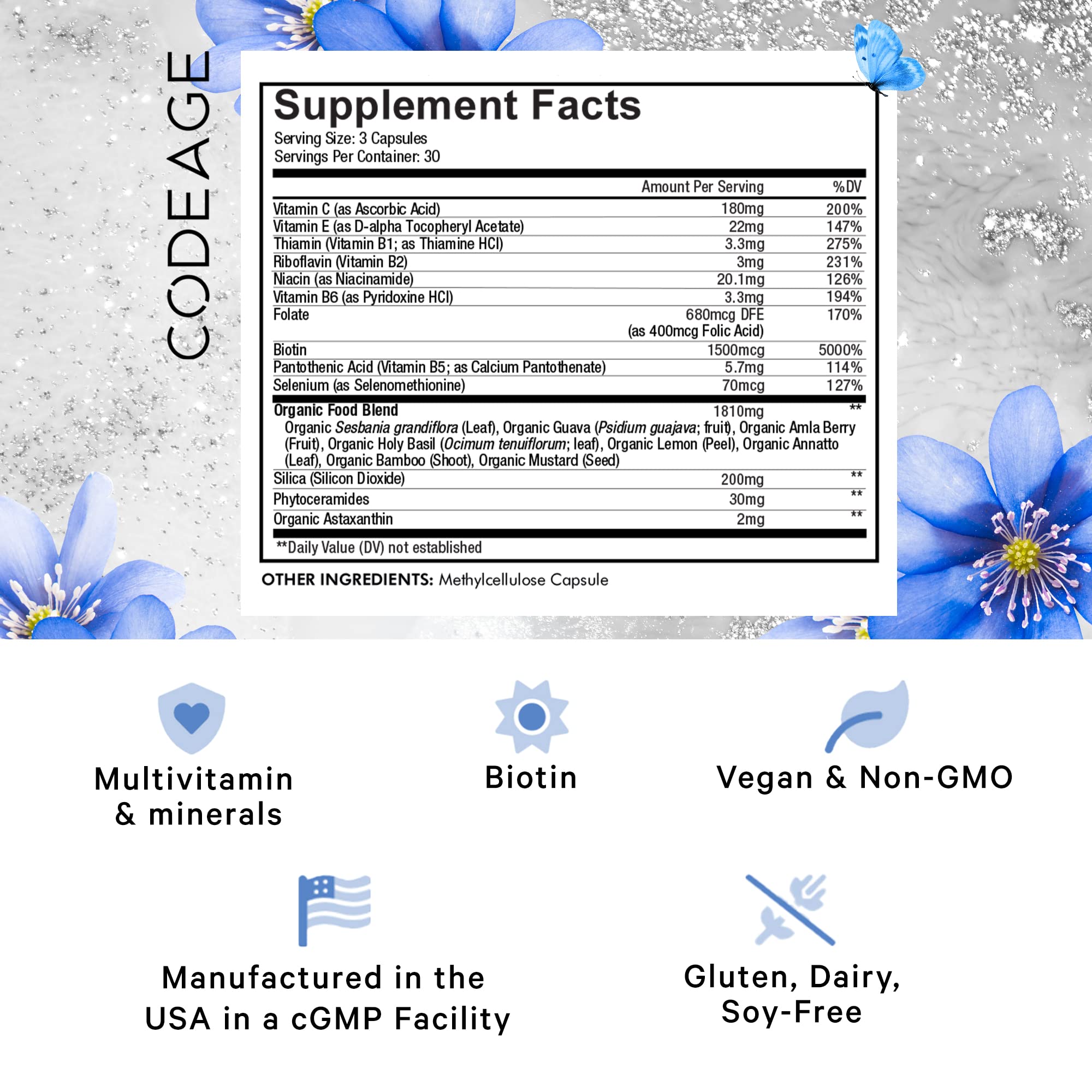 Codeage Biotin Supplement with Vitamin C, Vitamin E, Vitamin B6, Niacin, Folate, Organic Food Blend, Phytoceramides, Astaxanthin, Selenium - Beauty Tonic - Hair, Skin, and Nail Support - Vegan, 90 Ct CodeageAu supplements