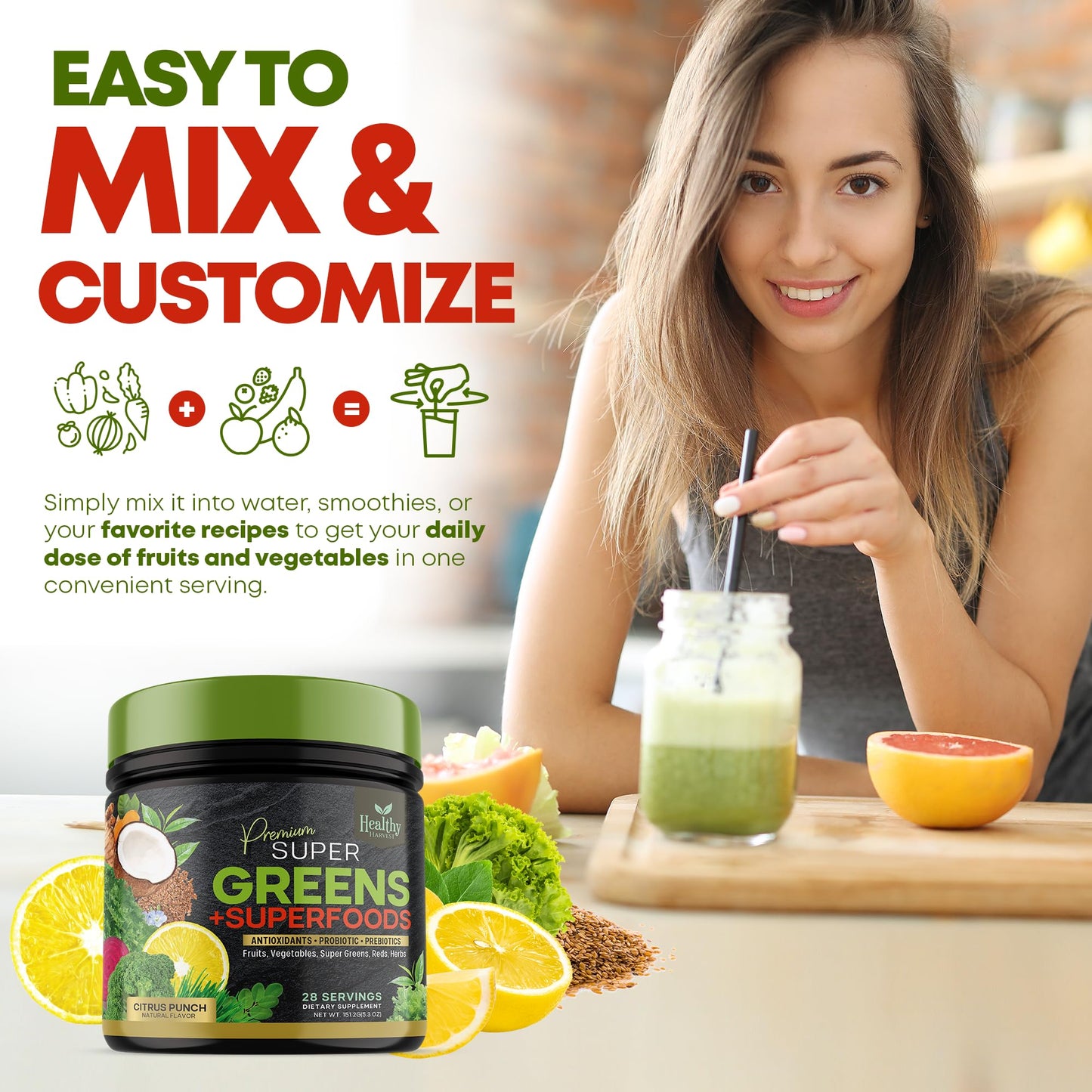 Greens Powder Superfood Supplement - Super Green Reds Smoothie Mix Blend with Spirulina Healthy Harvest NutritionUS supplements