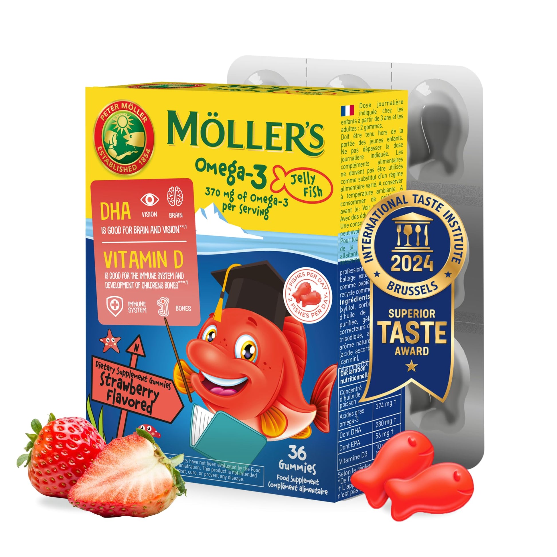 MÖLLER'S Omega 3 Capsules, Natural Fish Oil Omega3 for Kids with DHA and EPA, No Gluten, Lactose or Added Sugar & Easy to Chew, Strawberry Flavor, 36 Capsules MÖLLER'SAu supplements