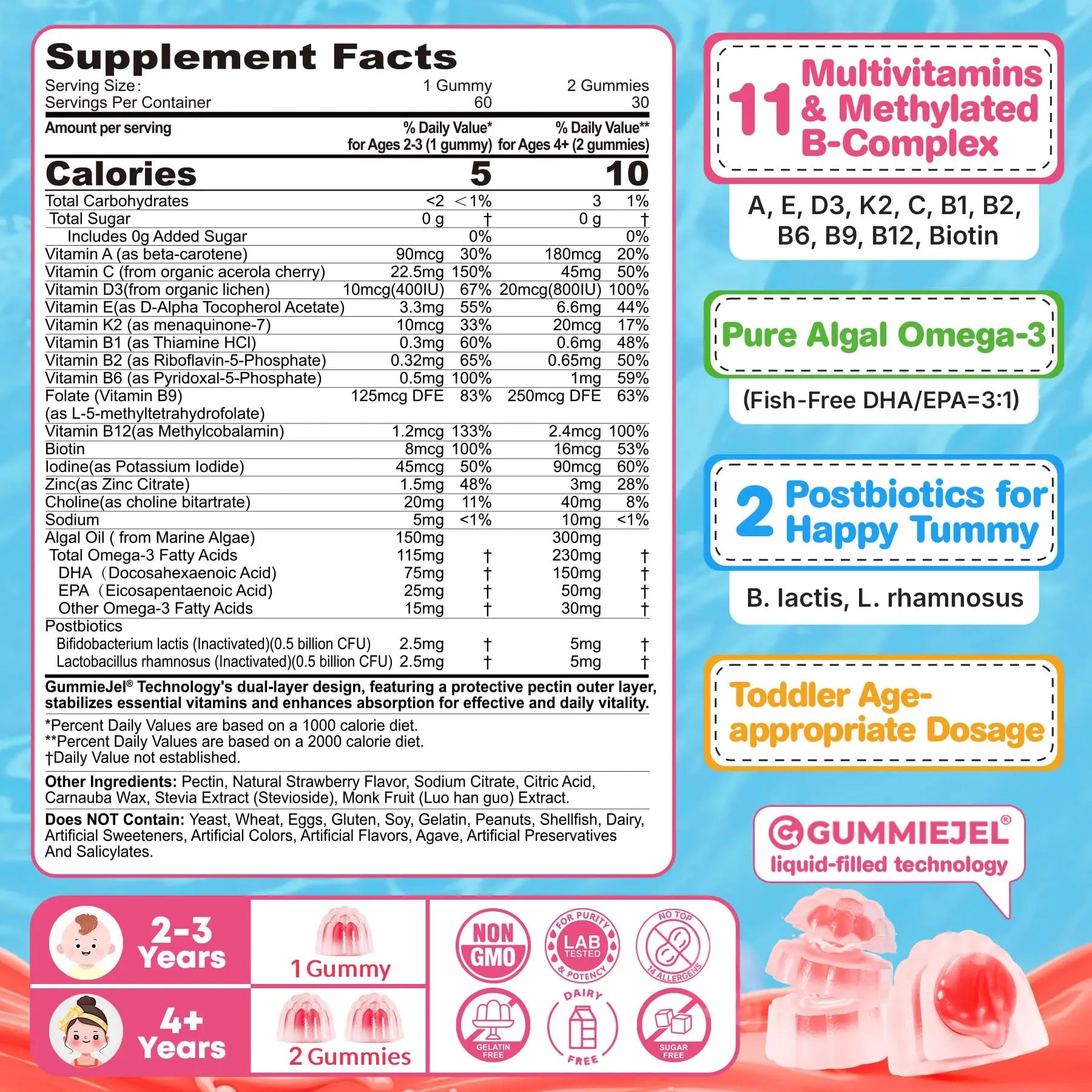 Organic Toddler Multivitamin Gummies + Omega-3 (DHA/EPA), Postbiotics | kids 2+ multivitamin | Vitamins A C D3 Methyl B12 Folate Zinc EnvyCureAu supplements