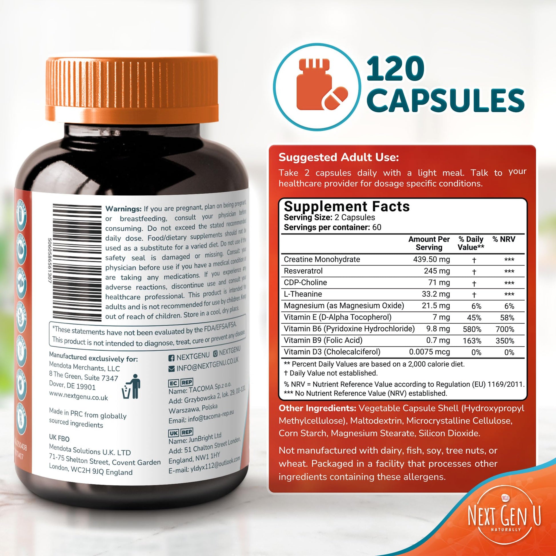 Brain Supplement - 120 Vegan Capsules - Dietary Nootropic May Help Memory, Cognitive Function & Focus - Formulation with Amino Acids, Polyphenols & B Vitamins - for Women, Men & Seniors - by NextGenU NGU Next Gen UAu supplements