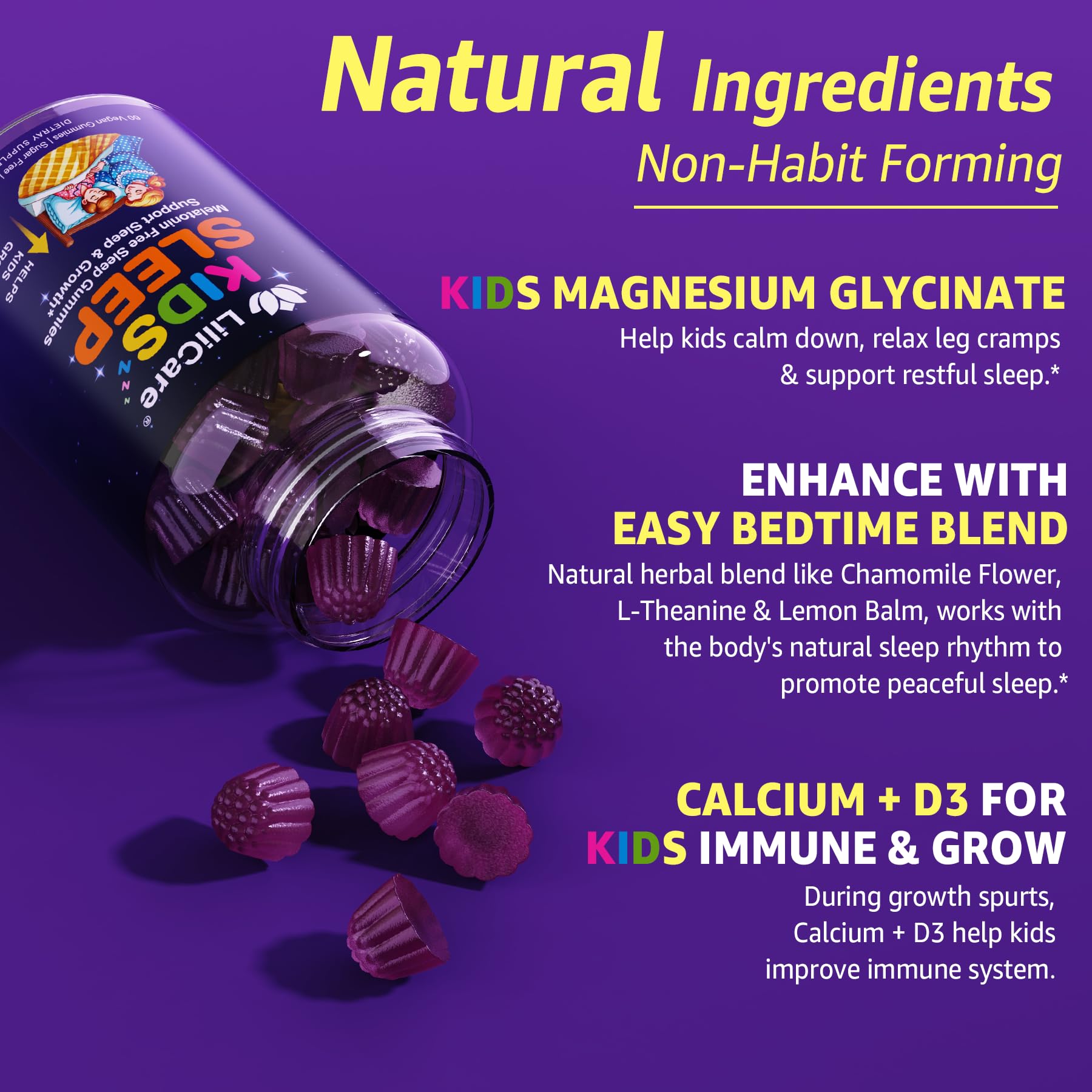 LILICARE Kids Sleep Gummies - Magnesium Glycinate Gummies, Melatonin Free Sleep Aid | Magnesium, Calcium, D3, B6, L Theanine | Kid Melatonin Alternative for Restful Sleep (Pack of 2) LILICAREAu supplements