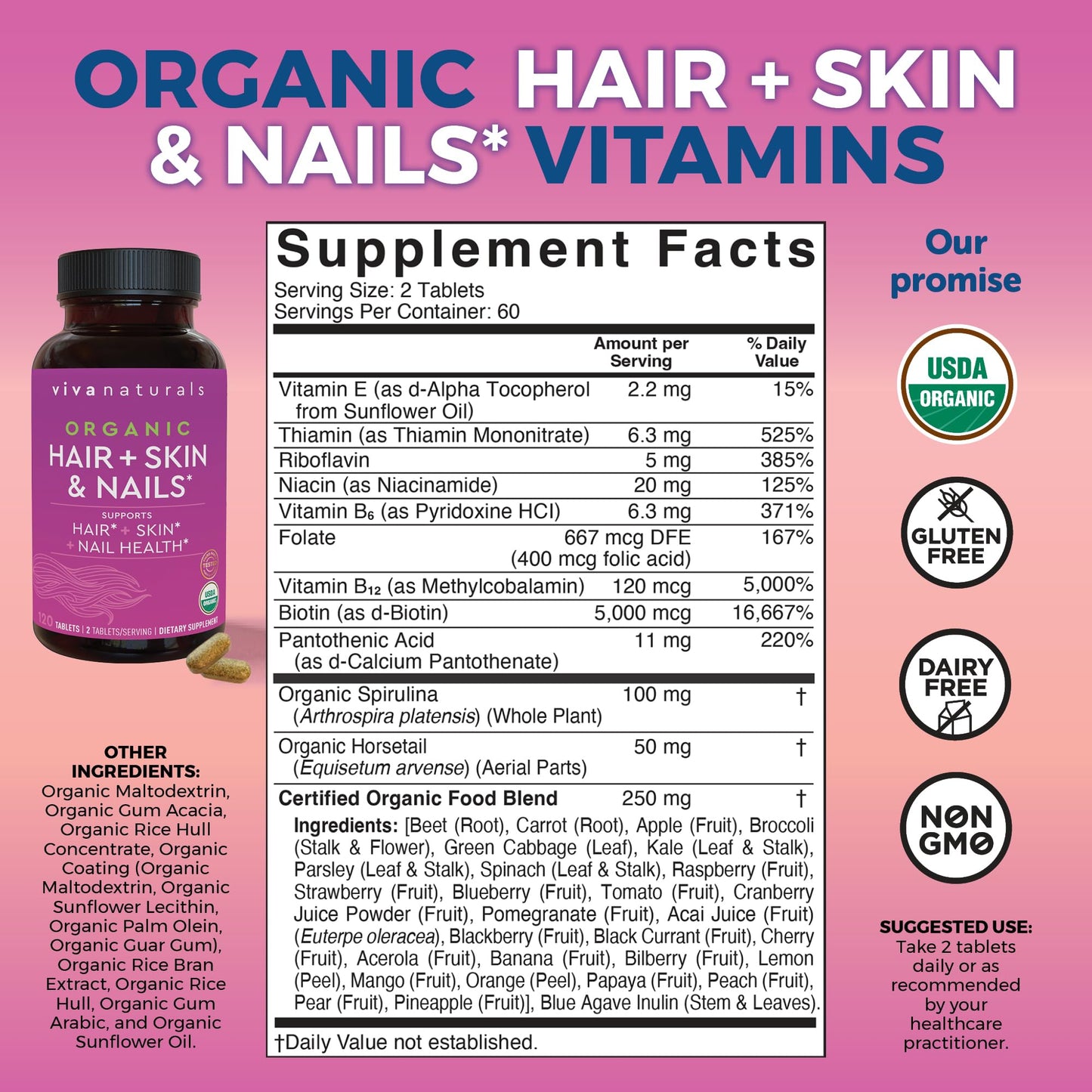 Biotin 5000 mcg Hair Skin Nails Vitamins for Women – Organic and Vegetarian-Friendly Supplement with Vitamin E, B-Vitamins, Spirulina Viva NaturalsUS supplements
