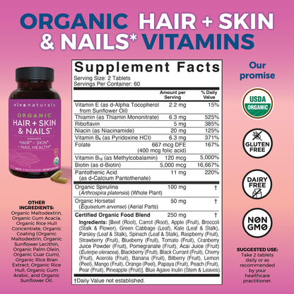 Biotin 5000 mcg Hair Skin Nails Vitamins for Women – Organic and Vegetarian-Friendly Supplement with Vitamin E, B-Vitamins, Spirulina Viva NaturalsUS supplements