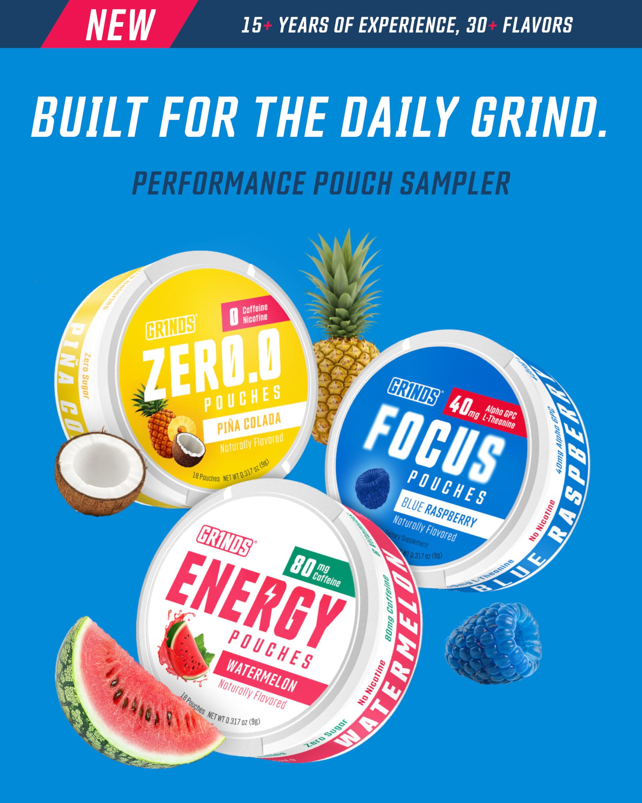 GRINDS Pouches Performance Sampler Pack - Includes Watermelon Energy, Caffeine-Free Piña Colada and Blue Raspberry Nootropic Pouches - Sugar-Free - Zero Calories GRINDSAu supplements