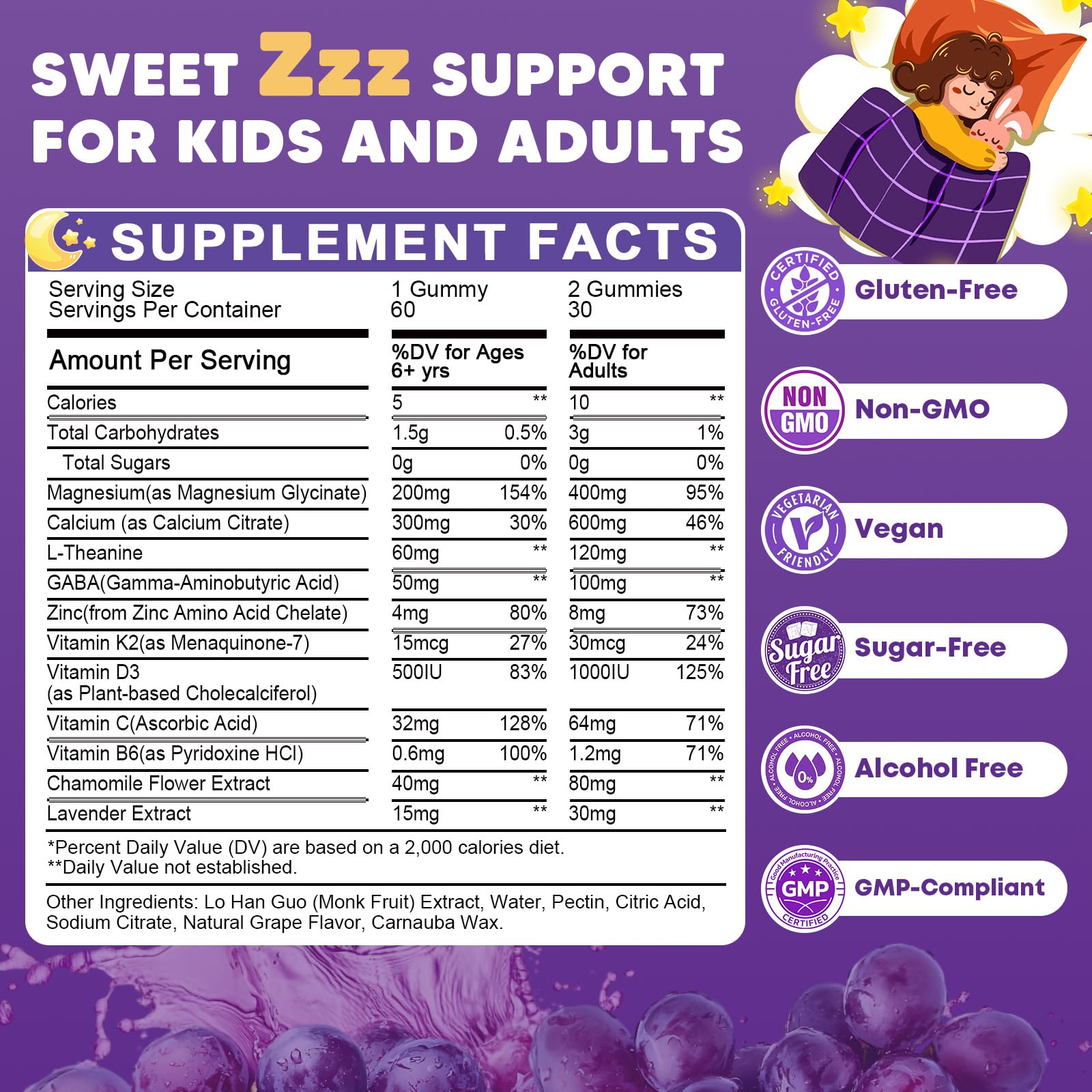 Sugar Free Magnesium Glycinate Gummies for Kids & Adults - Zzz Support, Relaxation & Cognition Support, 200/400mg Magnesium Gummies with L-Theanine, GABA, Calcium, B6, D3, C & K2, Grape Flavor, 60 Ct JIANKYTZAu supplements