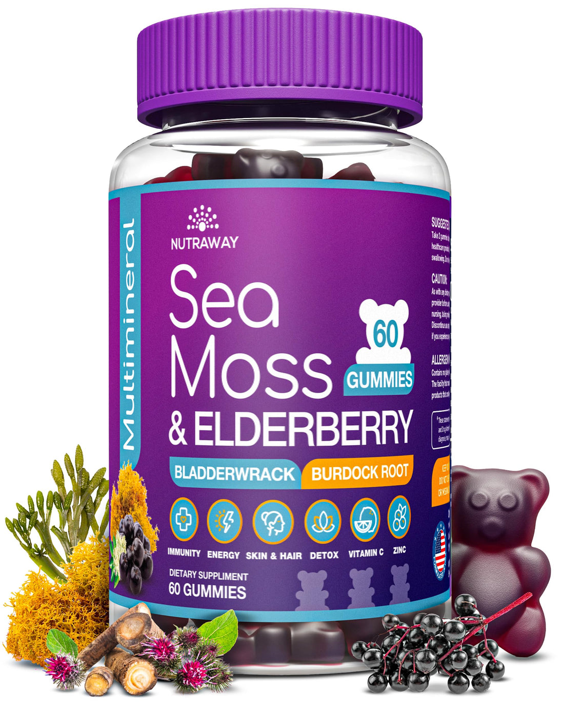 NUTRAWAY LABS Sea Moss Gummies with Elderberry, Vitamin C & Zinc - 102 Minerals from Irish Sea Moss, Bladderwrack & Burdock Root for Immune Support - Vegan Seamoss Supplement (Pack of 1) NUTRAWAY LABSAu supplements