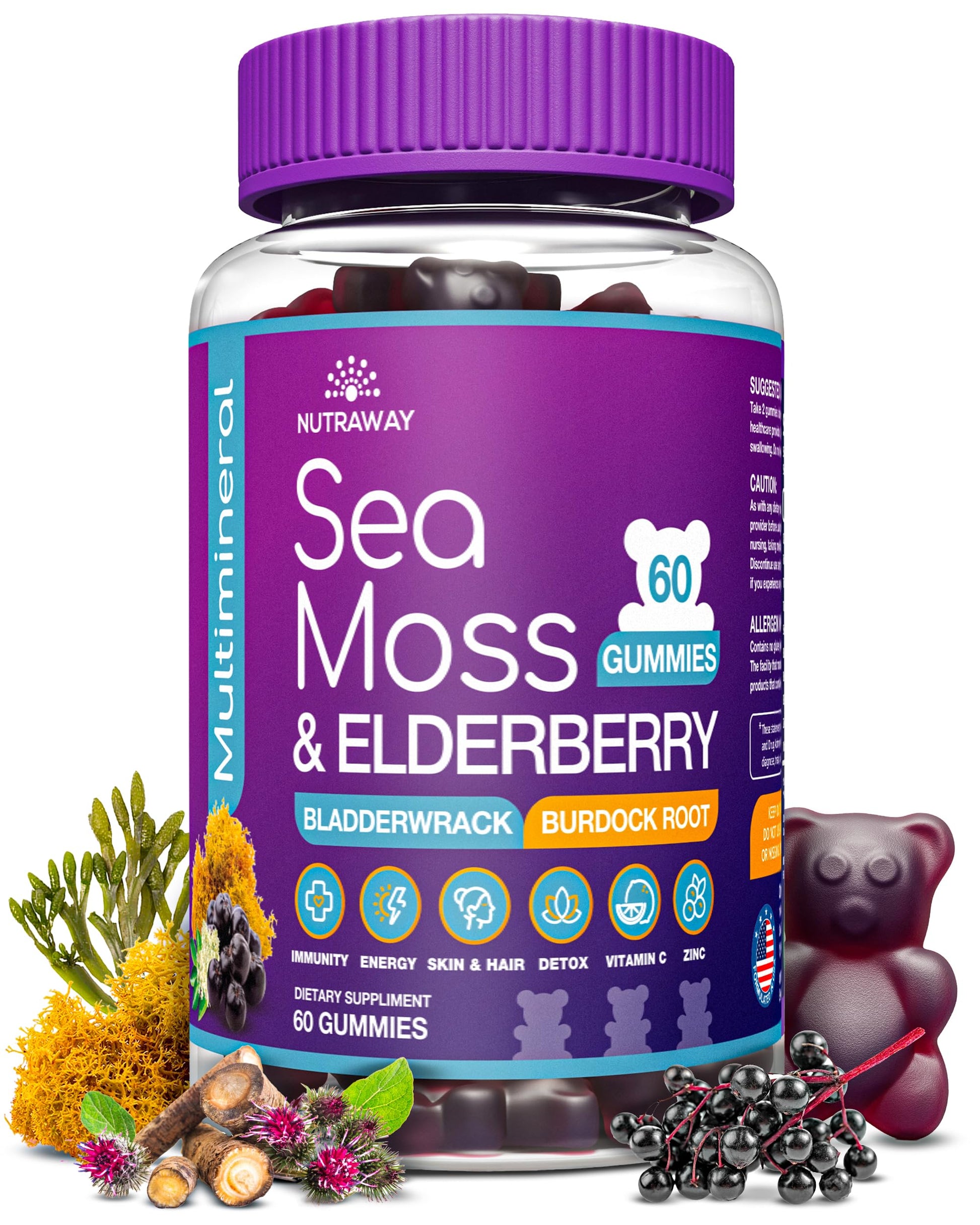 NUTRAWAY LABS Sea Moss Gummies with Elderberry, Vitamin C & Zinc - 102 Minerals from Irish Sea Moss, Bladderwrack & Burdock Root for Immune Support - Vegan Seamoss Supplement (Pack of 1) NUTRAWAY LABSAu supplements