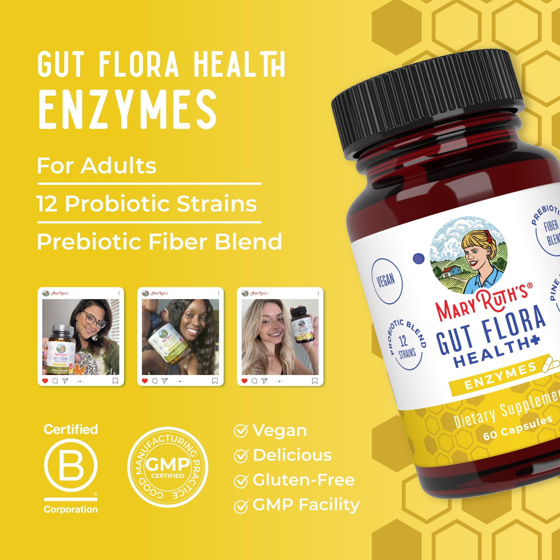 MaryRuth Organics Gut Flora Health+ Enzymes | Up to 2 Month Supply | Prebiotic Probiotic Digestive Enzymes Blend for Healthy Gut Biome & Digestive Support | Gastrointestinal Health | 60 Capsules MARYRUTH'SUS supplements