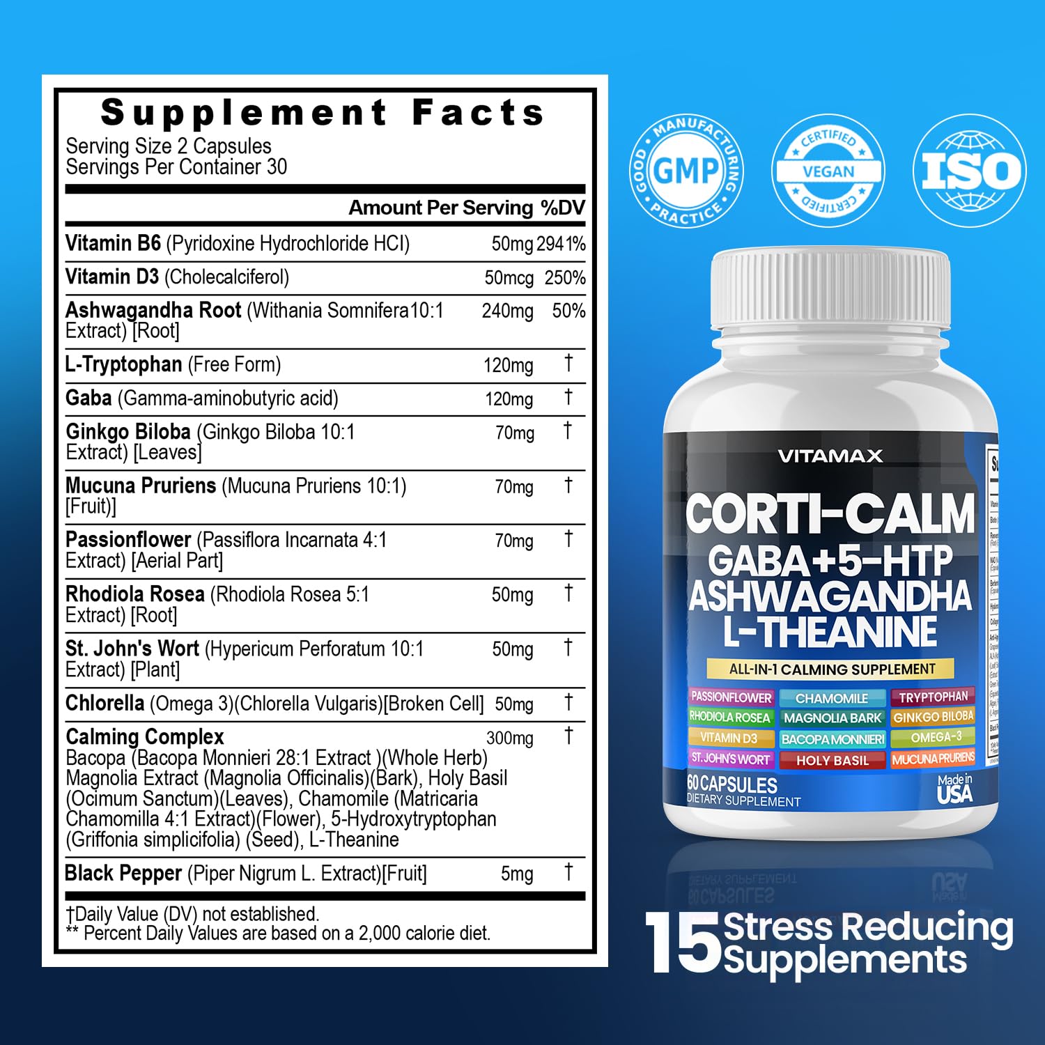 Corti-Calm Cortisol Supplement, L Theanine, Ashwagandha, Vitamin D 3, GABA for Relaxation, Fatigue & Focus with Ginkgo Biloba, Bacopa Monnieri, 5-HTP – Non-GMO, Made in USA – 60ct VitamaxAu supplements