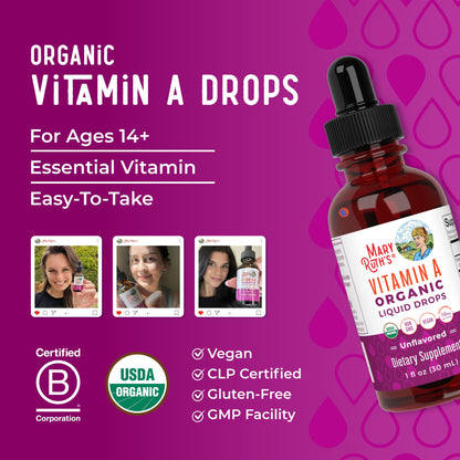 MaryRuth Organics USDA Organic Vitamin A Liquid Drops | 3 Month Supply | Bone Health for Ages 14+ | Essential Vitamin | 750mcg per Serving | Sugar Free | Vegan | Non-GMO | Gluten Free | 1oz MARYRUTH'SUS supplements