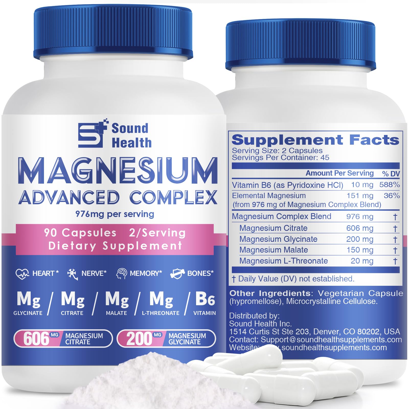5 in 1 Magnesium Complex Capsule 976mg wtih Magnesium Glycinate, Citrate, Malate, L-Threonate & Vitamin B6, High Absorption Magnesium Complex for Women & Men, Third-Party Tested, Vegan, Non-GMO Sound Health PlusAu supplements