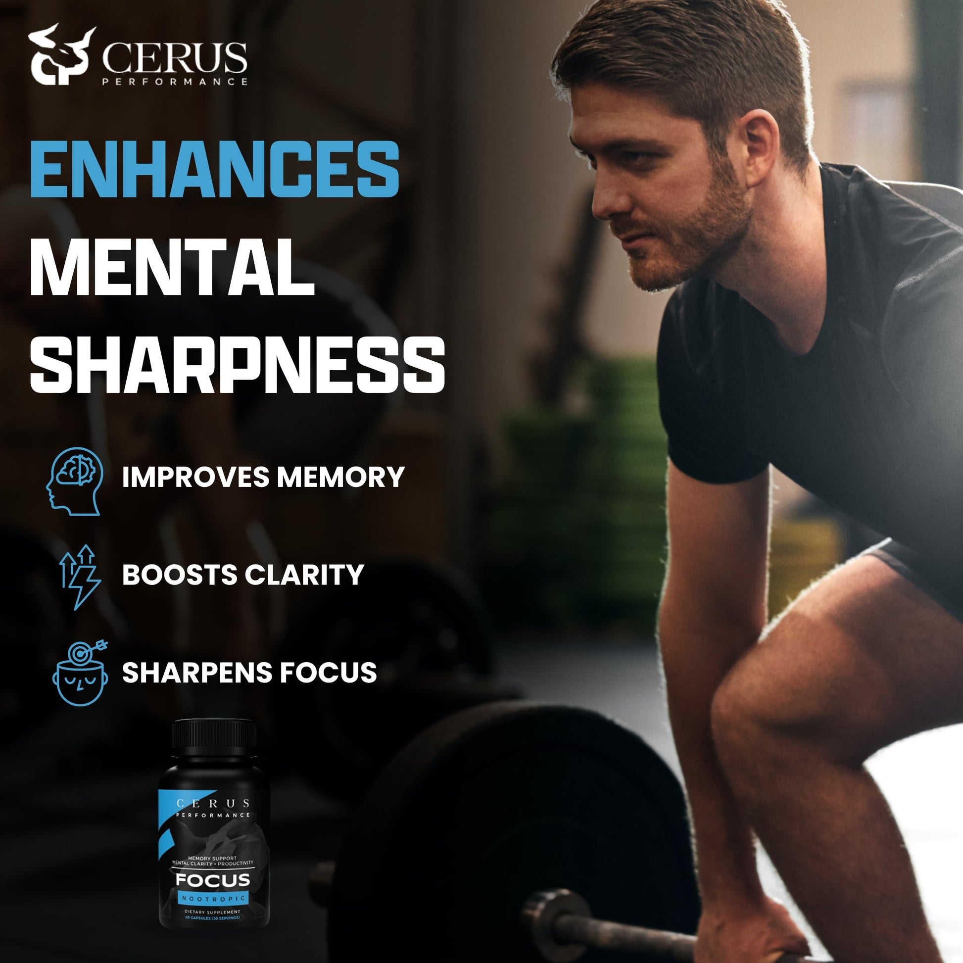 Cerus Performance Focus Nootropic Supplement - Enhances Mental Clarity, Boosts Memory & Cognitive Function, Improves Alertness - Ideal for Athletes & Fitness Enthusiasts - 60 Capsules CerusAu supplements