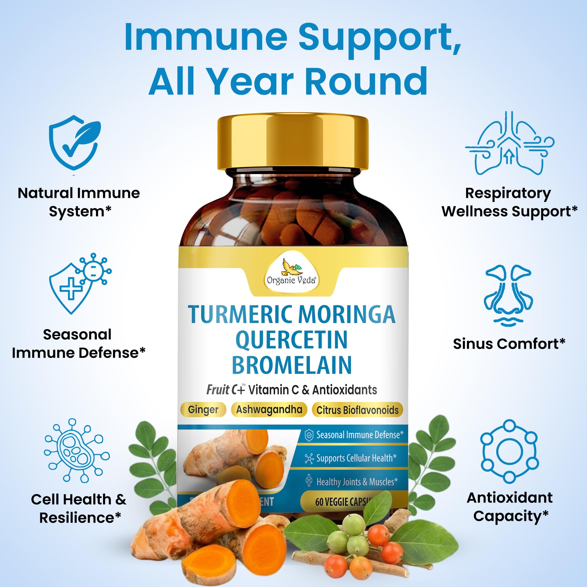 Organic Veda Turmeric Moringa Quercetin with Bromelain Capsules - Fruit C+ Vitamin C Antioxidants Immune System & Respiratory Supplement - Ashwagandha, Ginger, Citrus Bioflavonoids, 60 Vegan Capsule Organic VedaAu supplements