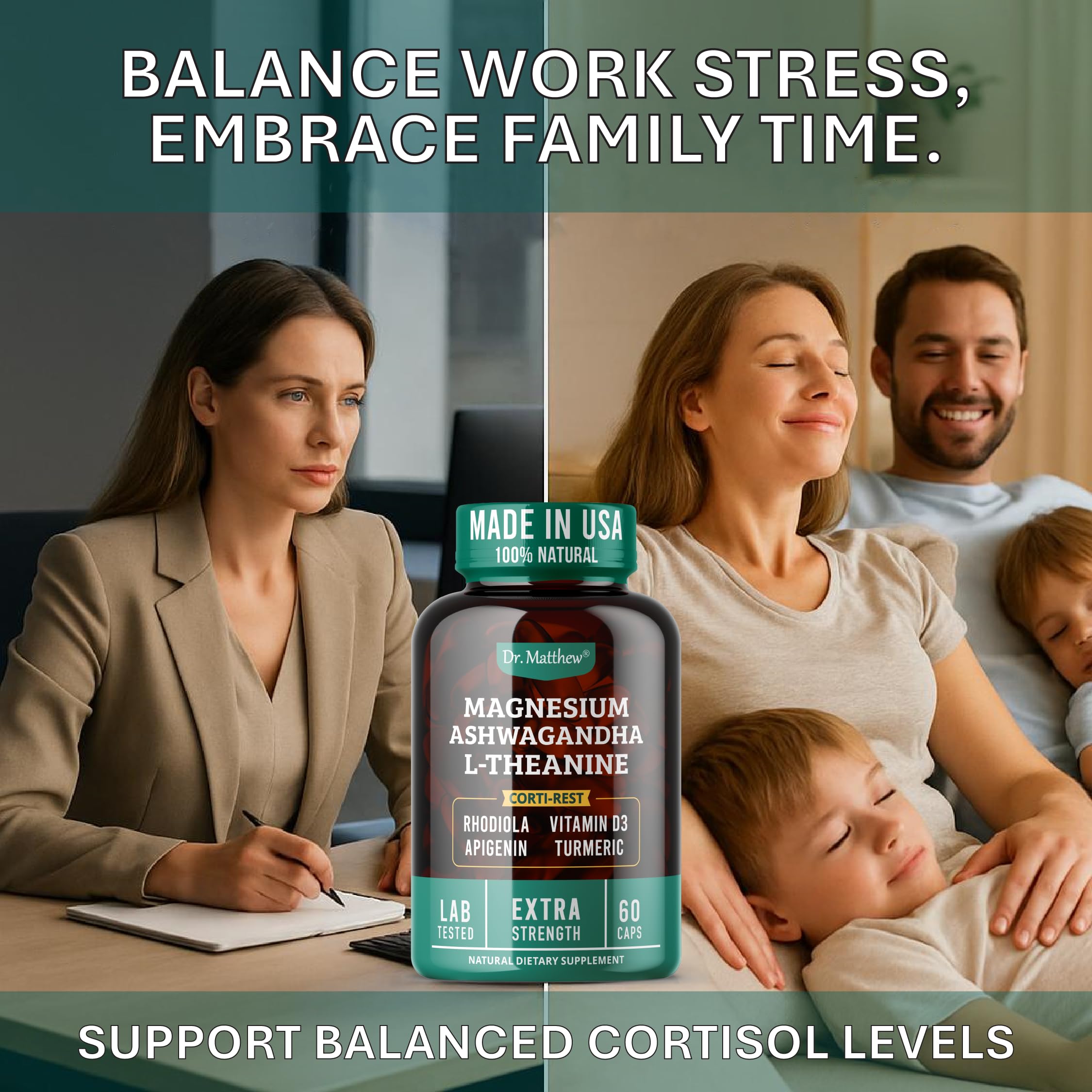 Cortisol Reducer & Adrenal Support Supplement–Natural Stress Relief with Ashwagandha KSM-66, Magnesium Glycinate & Citrate, L-Theanine, Rhodiola, Apigenin, Turmeric & Vitamin D3–Calm Mood & Relaxation Dr. MatthewAu supplements