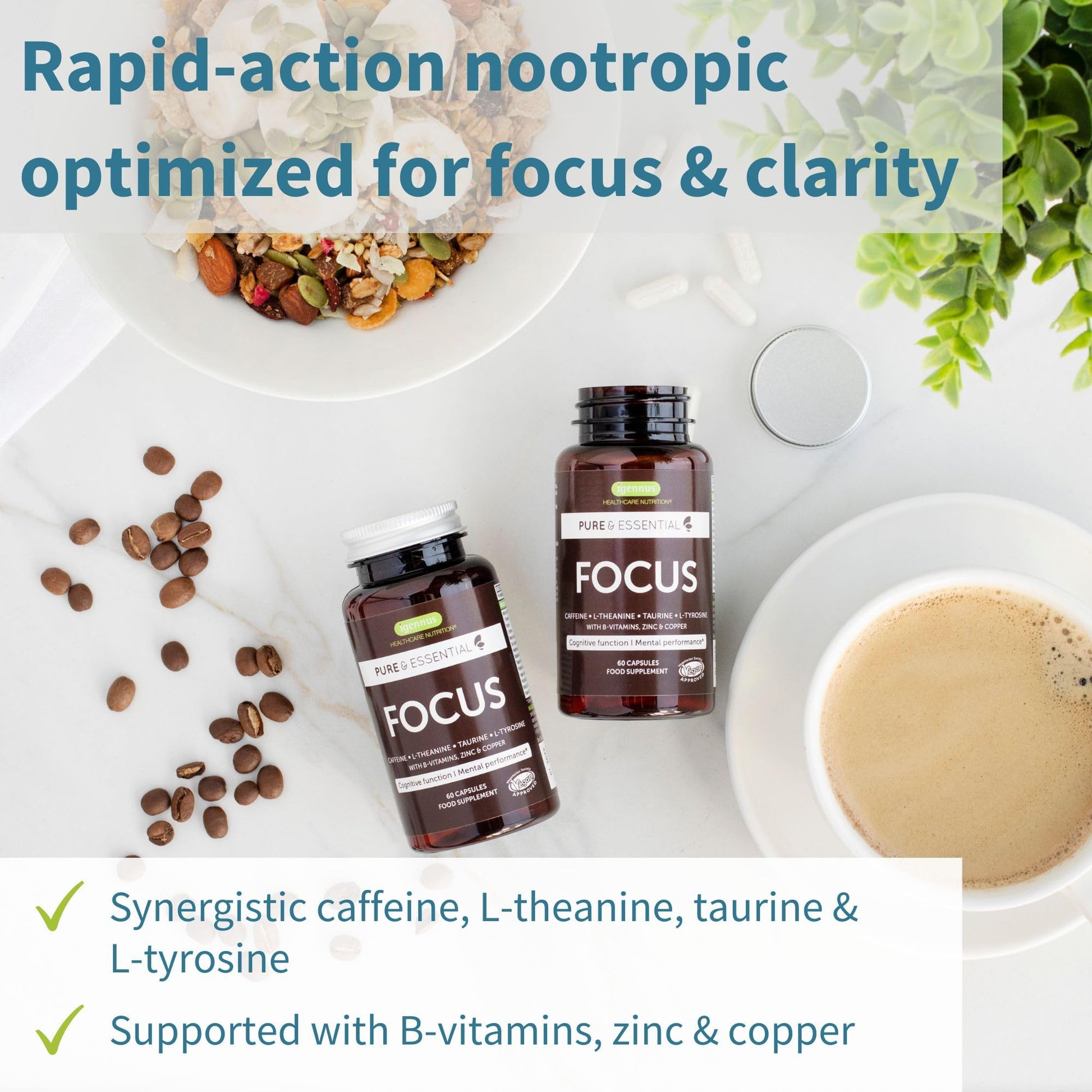 Igennus Focus - Nootropic with 200mg Natural Caffeine, Methylated B Vitamins, L-Theanine, Taurine, L-Tyrosine, Clean Energy, Brain Booster & Cognitive Performance, Non Jittery, 60 Capsules Igennus Healthcare NutritionAu supplements
