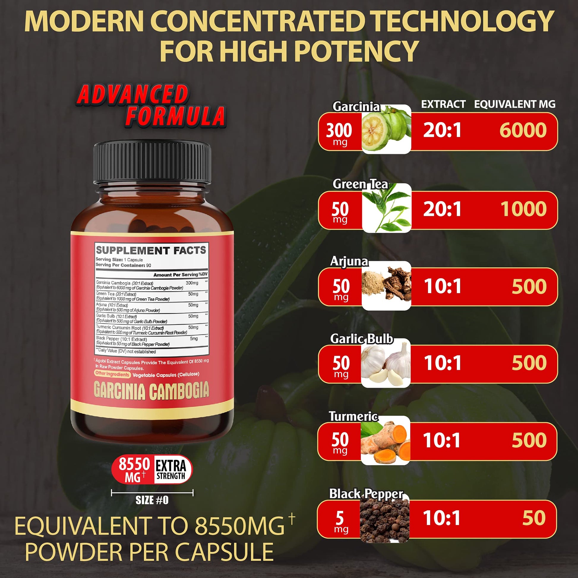agobi Pure Garcinia Cambogia Capsules 8550mg - 6in1 with Green Tea, Arjuna, Garlic Bulb agobiUS supplements
