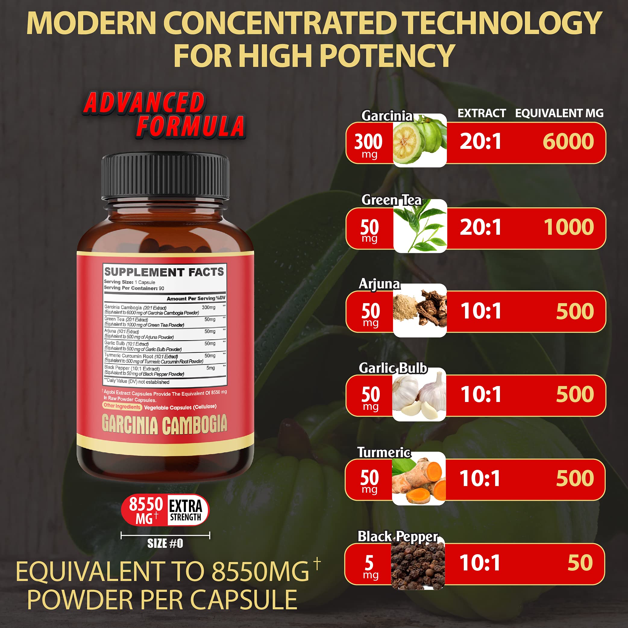 agobi Pure Garcinia Cambogia Capsules 8550mg - 6in1 with Green Tea, Arjuna, Garlic Bulb agobiUS supplements