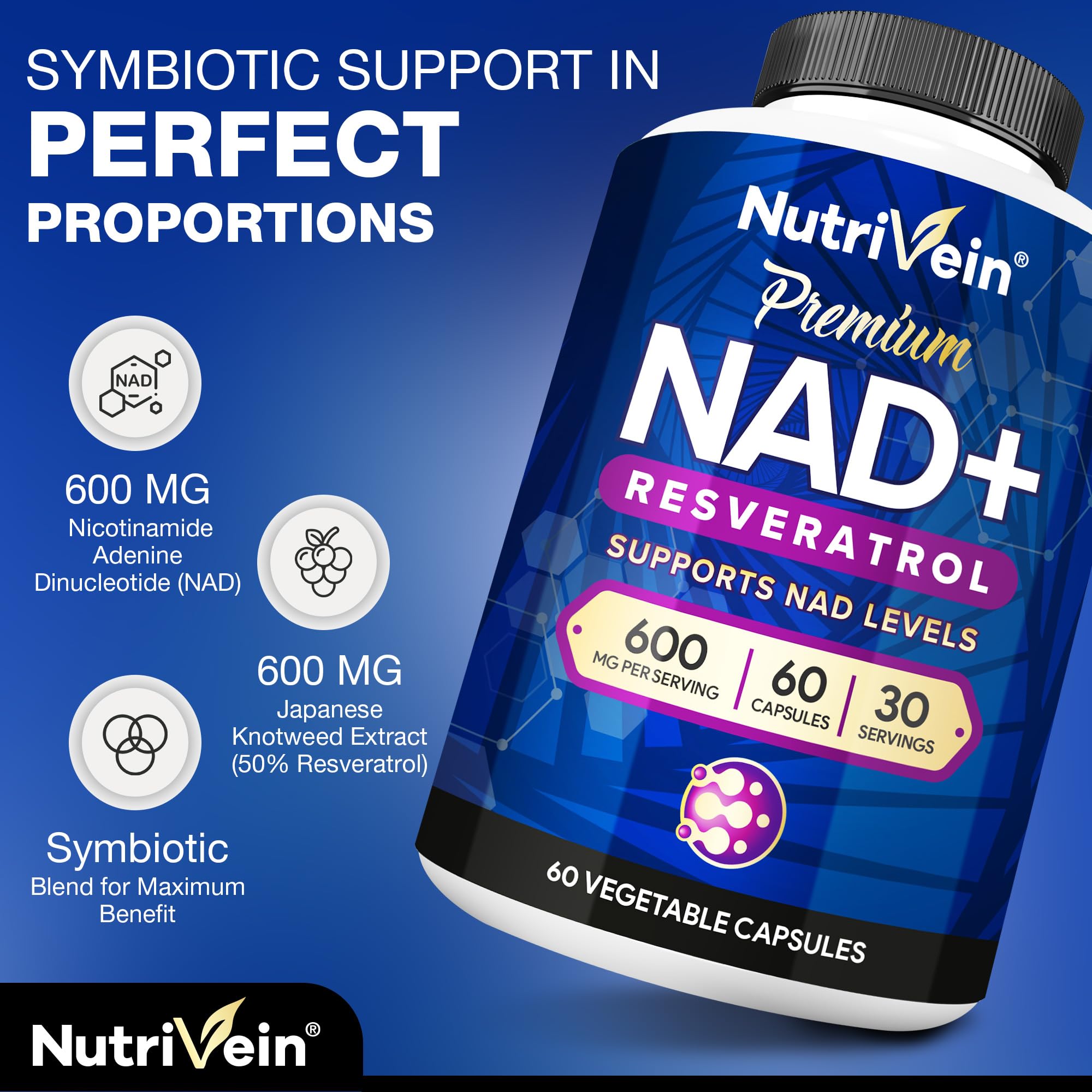Nutrivein Premium NAD + Resveratrol Supplement 600 mg - 30 Servings (60 Capsules): Powerful Synergistic NAD Resveratrol Supplement - Aging, Cognition, Metabolism, & Overall Well-Being NutriveinAu supplements