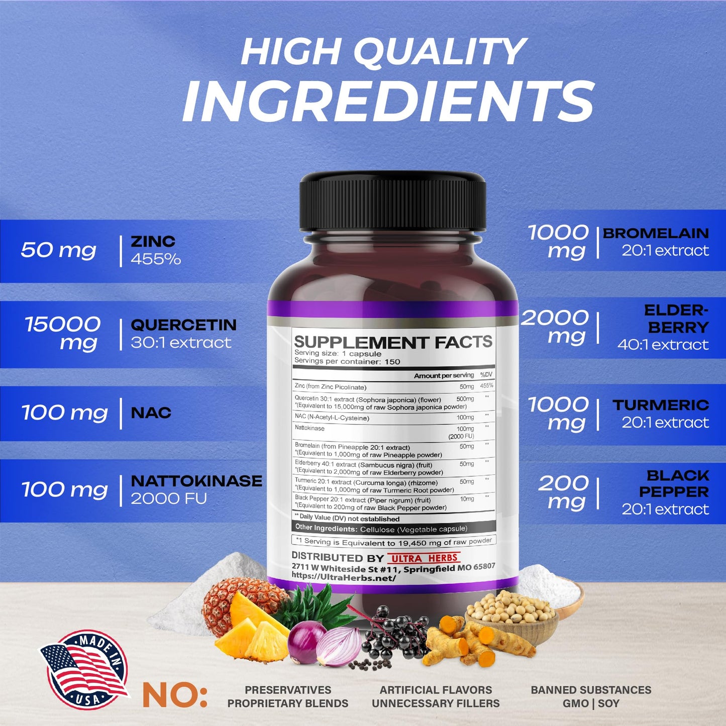 Quercetin 19,450mg 8 IN 1 with NAC, Nattokinase, Zinc, Bromelain, Elderberry, Turmeric ULTRA HERBSUS supplements