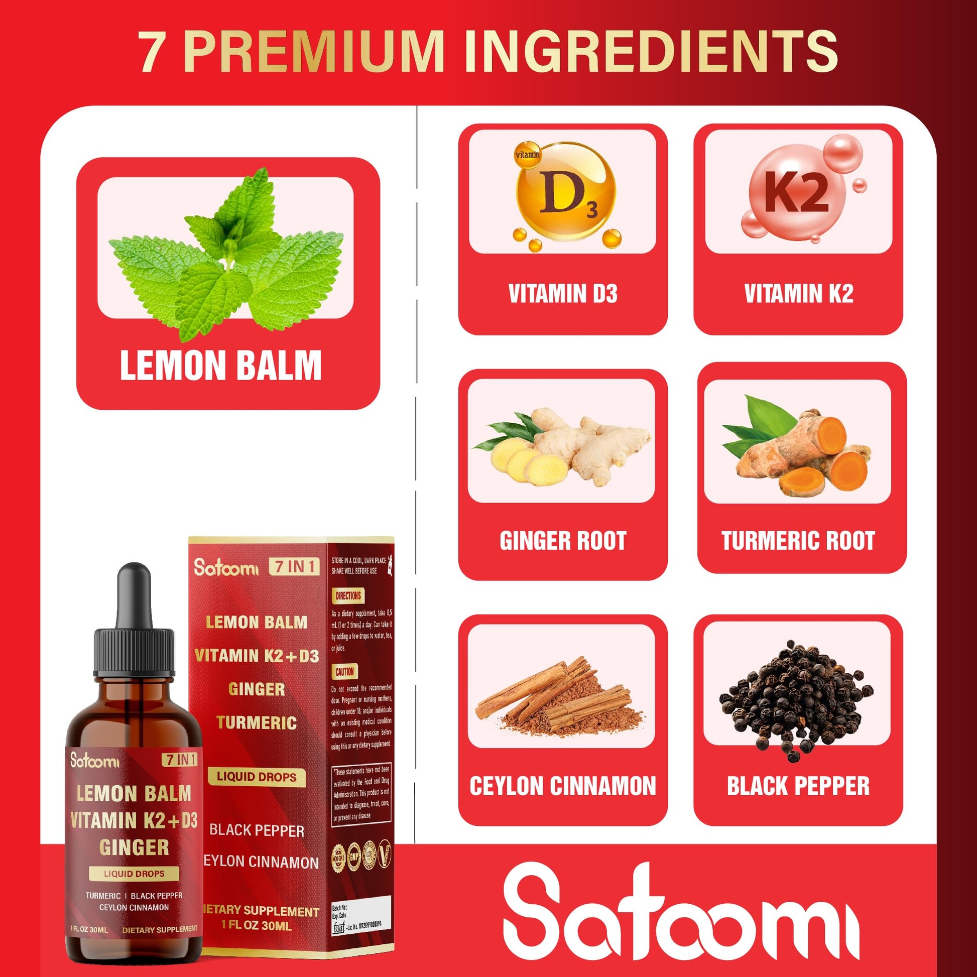 Satoomi 7in1 Lemon Balm Tincture with Vitamin D3, Vitamin K2, Ginger Root, Turmeric, Ceylon Cinnamon and Black Pepper - 1 FL Oz - 60 Day Supply SatoomiAu supplements