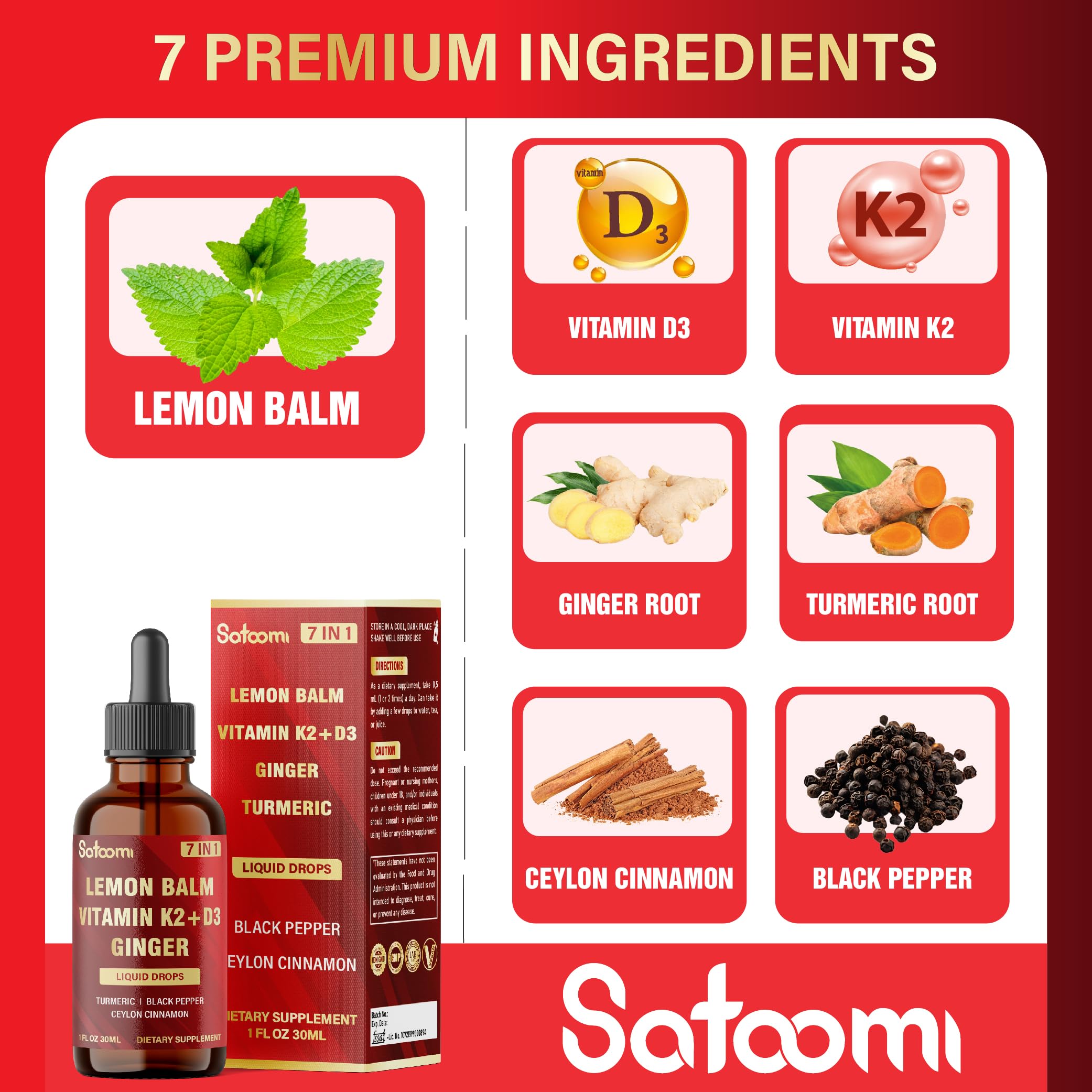 Satoomi 7in1 Lemon Balm Tincture with Vitamin D3, Vitamin K2, Ginger Root, Turmeric, Ceylon Cinnamon and Black Pepper - 1 FL Oz - 60 Day Supply SatoomiAu supplements