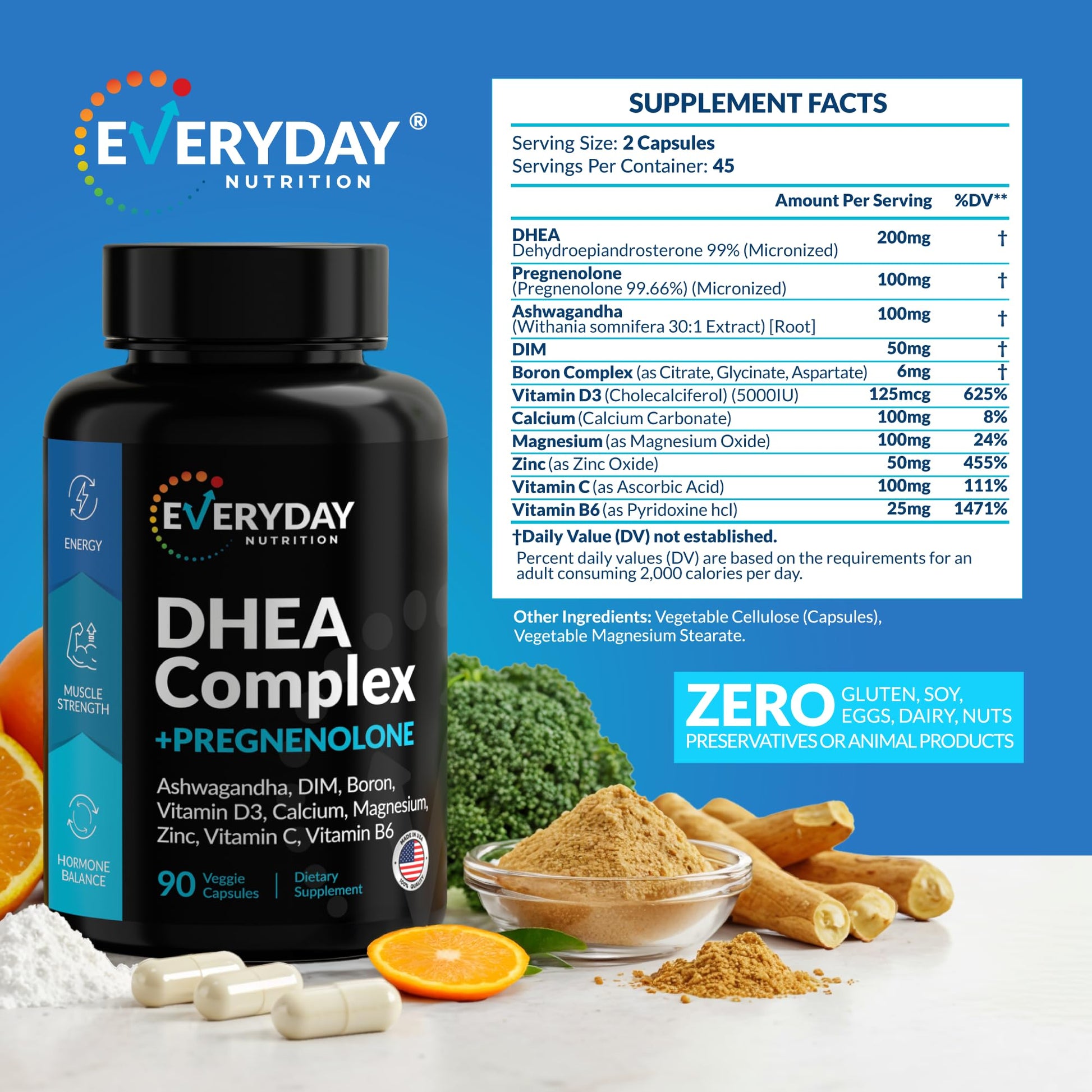 DHEA Micronized 200mg Complex with Pregnenolone 100mg Supplement for Men & Women with Ashwagandha, DIM, Magnesium, Boron, Calcium , Zinc, Vitamin D3, C and B6 Hormone Support - Made in USA 90 Capsules EVERYDAY NUTRITIONAu supplements
