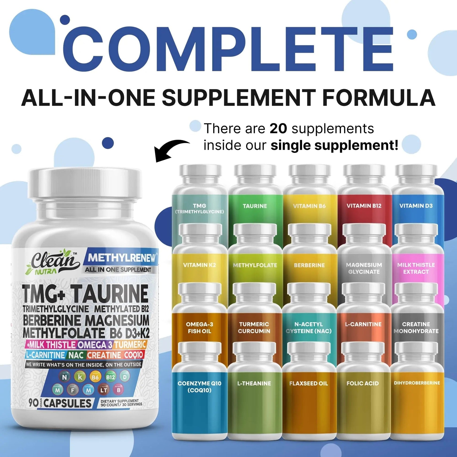 Clean Nutra TMG Supplements 1000mg | Methylated Multivitamin for Women Men | Taurine B6 Vitamins B12 D3 K2 Trimethylglycine Magnesium Clean NutraceuticalsAu supplements