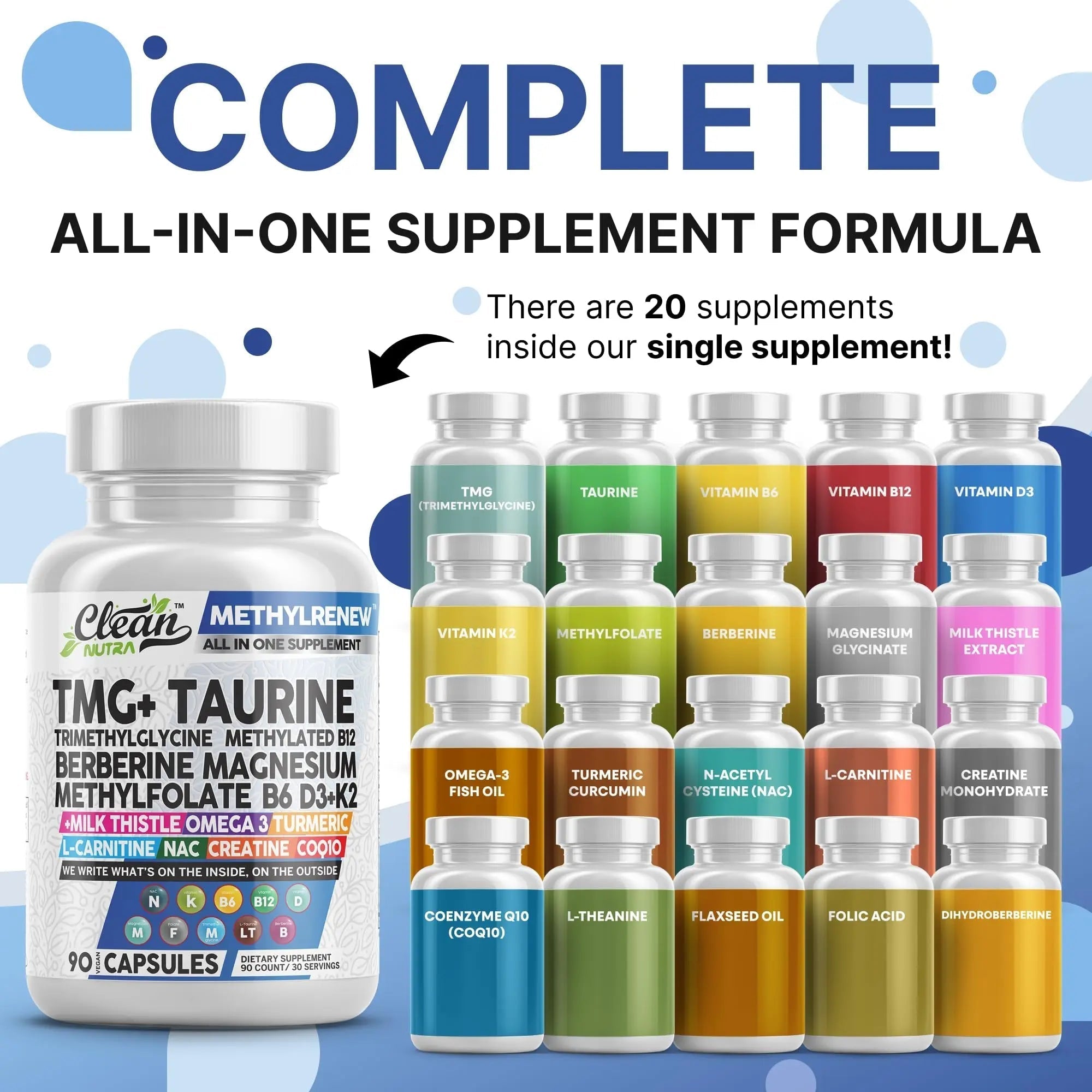 Clean Nutra TMG Supplements 1000mg | Methylated Multivitamin for Women Men | Taurine B6 Vitamins B12 D3 K2 Trimethylglycine Magnesium Clean NutraceuticalsAu supplements