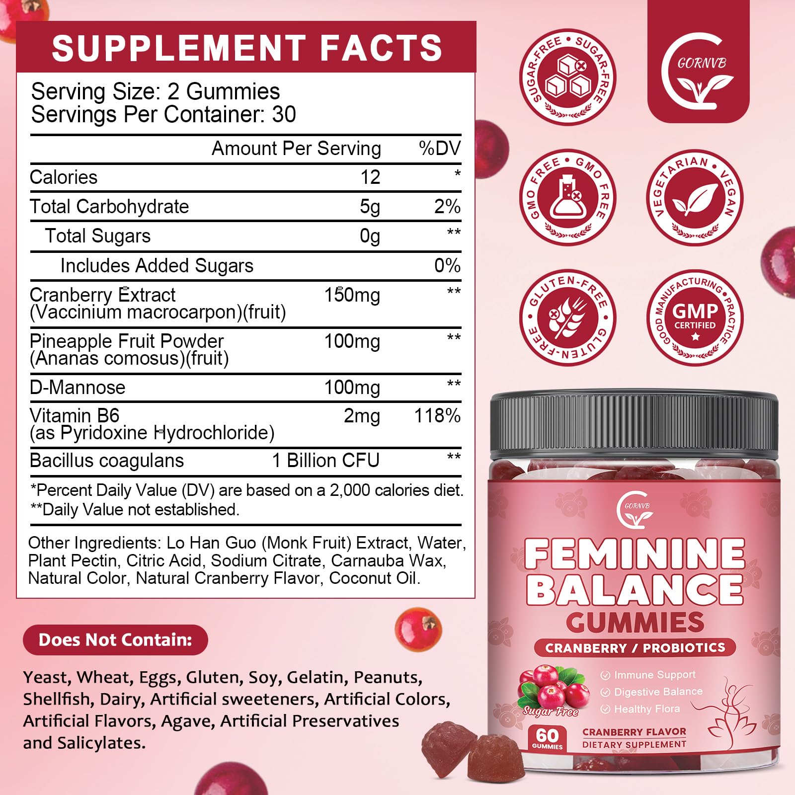 GORNVB Premium Feminine Balance Gummies for Women, Support pH Balance & Vaginal Probiotics Health Gummies with Cranberry Pineapple Powder, D-Mannose, Sugar Free, Gluten Free, Vegan GORNVBAu supplements