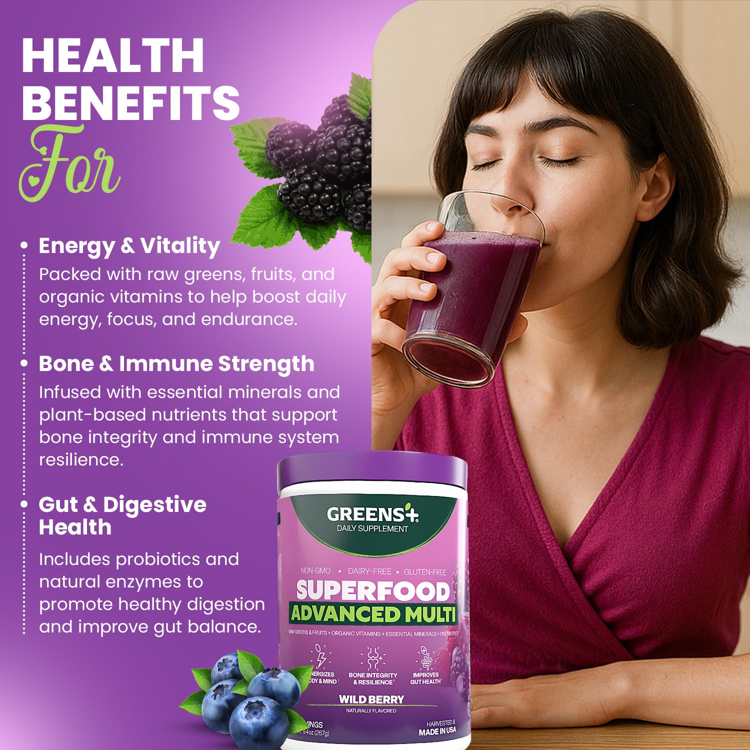 Greens+ Advanced Multi Wild Berry Superfood Powder, Organic Blend, Vegan, Non-GMO, Soy-Free, Dairy-Free, Gluten-Free, Dietary Supplement with Vitamins & Minerals, 9.4 oz Greens+Au supplements