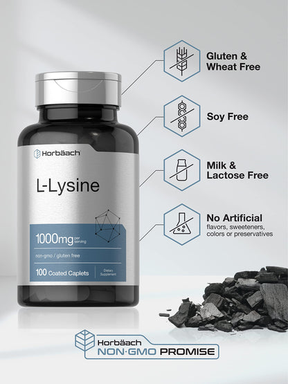 L-Lysine 1000mg | 100 Coated Caplets | Free Form Dietary Supplement | Vegetarian HorbäachUS supplements