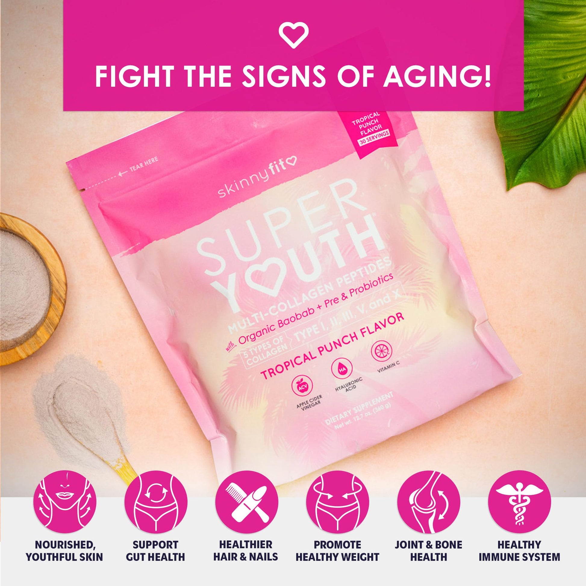 SkinnyFit Super Youth Tropical Punch Multi-Collagen Peptides + Probiotics, Baobab Fiber SkinnyFitUS supplements